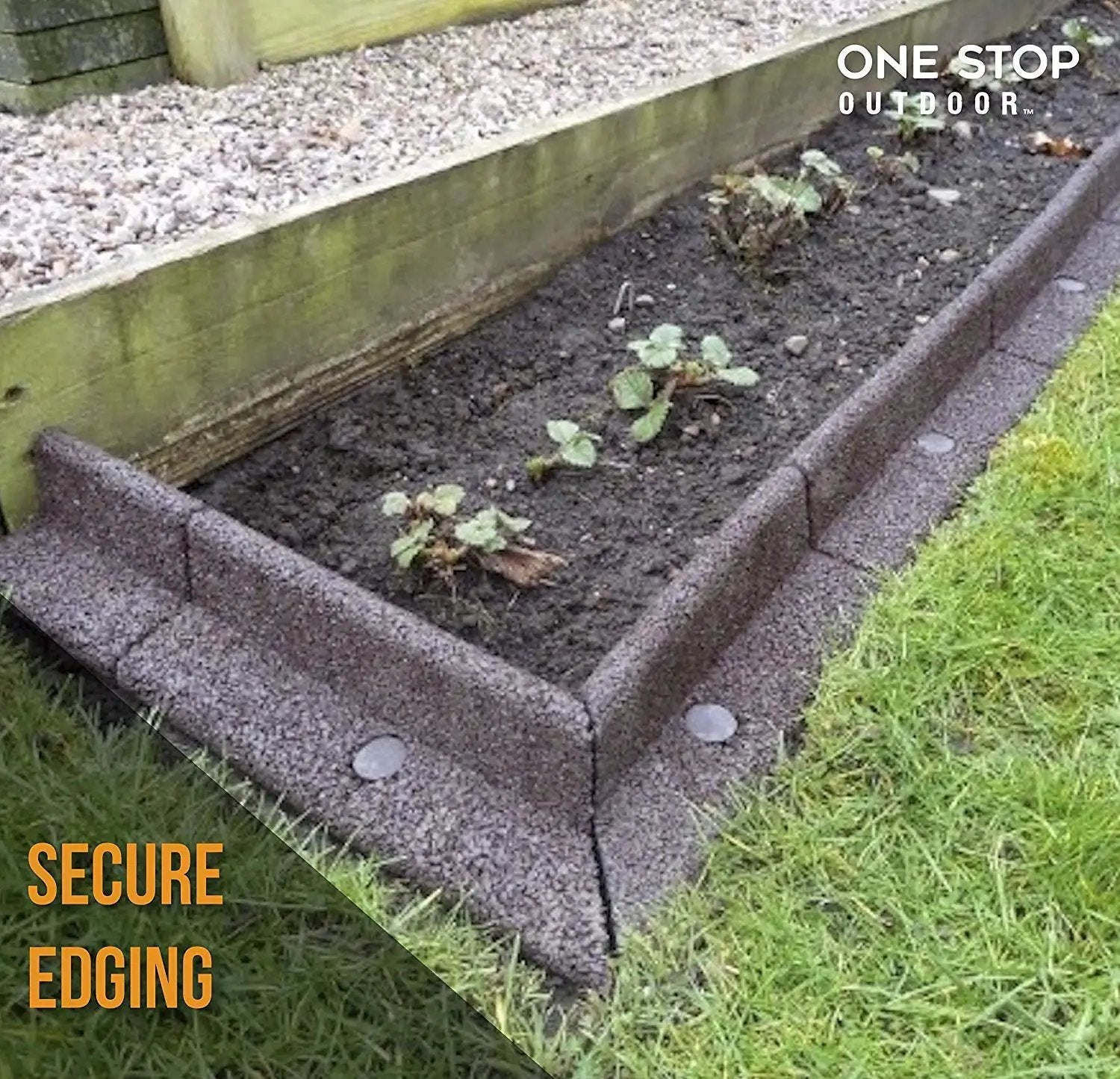 Heavy Duty 12 Inch Round Metal Landscape And Paver Edging Anchoring Spikes 10 Pack installed in garden edging