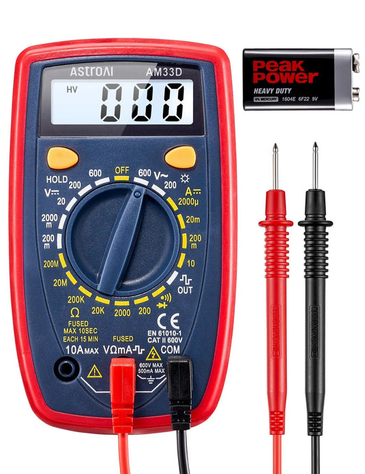 Digital Multimeter 2000 With Backlit LCD Display For Voltage Current Resistance Diode And Continuity Testing Measures AC And DC For Home And Auto Use Blue, front view with test leads and battery.