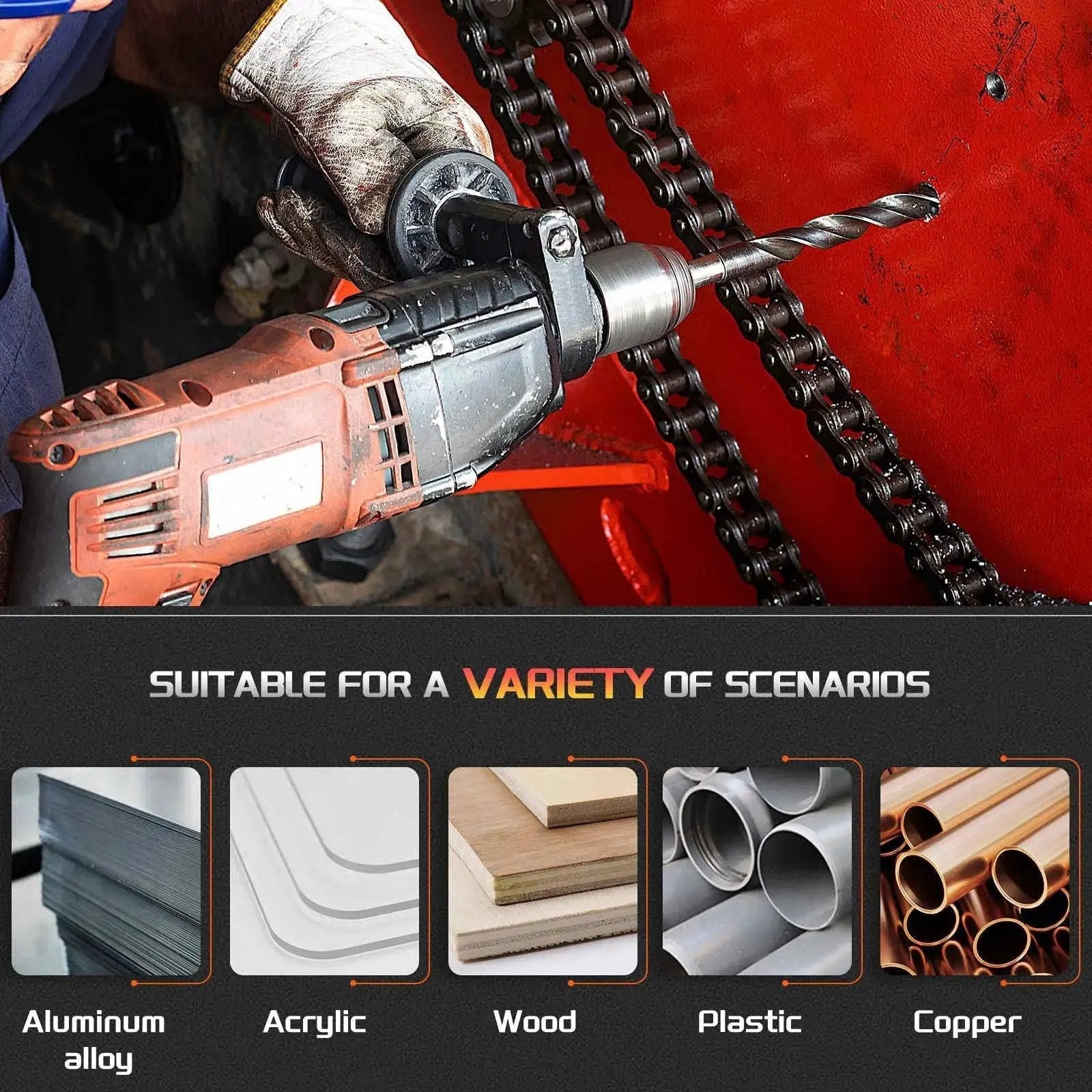 High Performance 37/64 Inch Drill Bit For Plastic And Wood being used with power drill on metal surface in industrial setting
