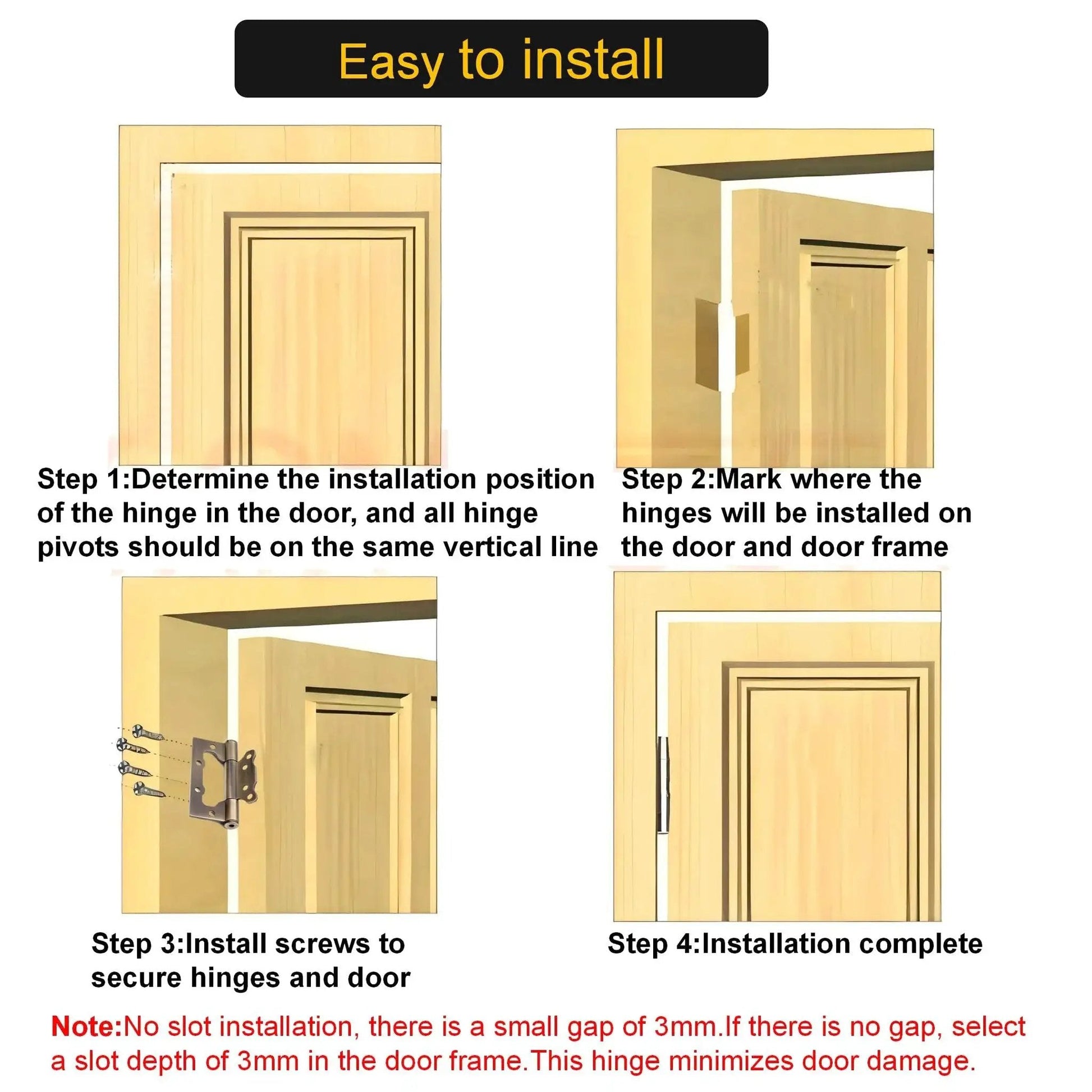 Installation guide for No Mortise 5 Inch Door Hinges Black 304 Stainless Steel With Bearings Heavy Duty showing steps on door frame.