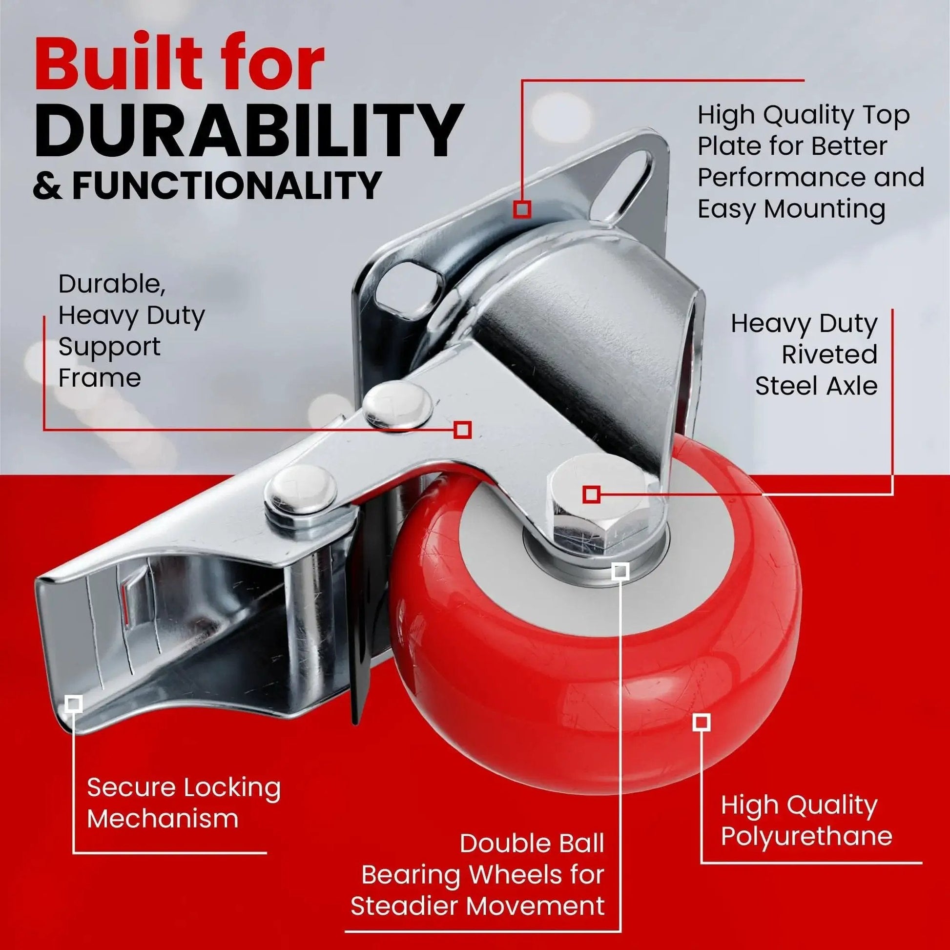 Close-up of red polyurethane 2 inch swivel caster wheel with brake, highlighting durable components and locking mechanism.