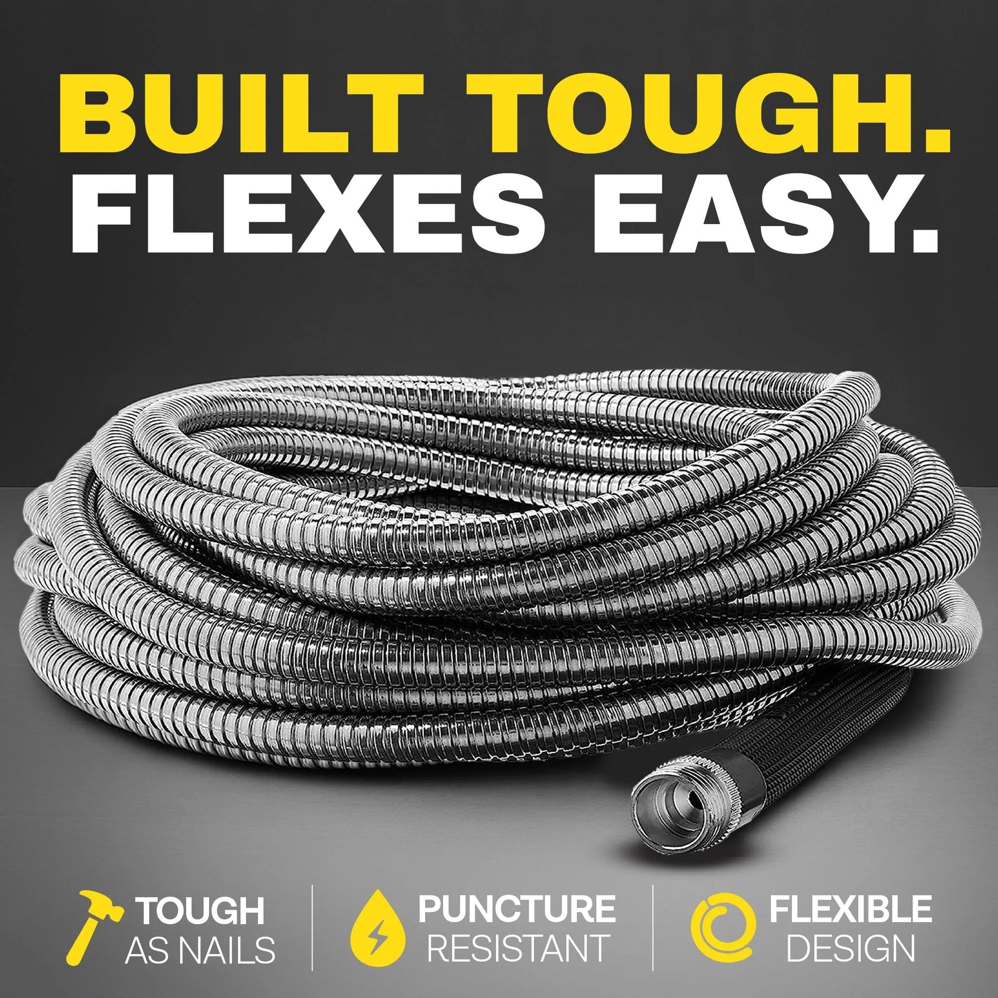 Heavy Duty 10 Ft Hose Extensions For Garden Hose Reel, Five Eighth Inch Connector, Leak Proof, Non Kinking, Flexible Hose Extension With Brass Fittings Bionic Steel coiled on a surface.