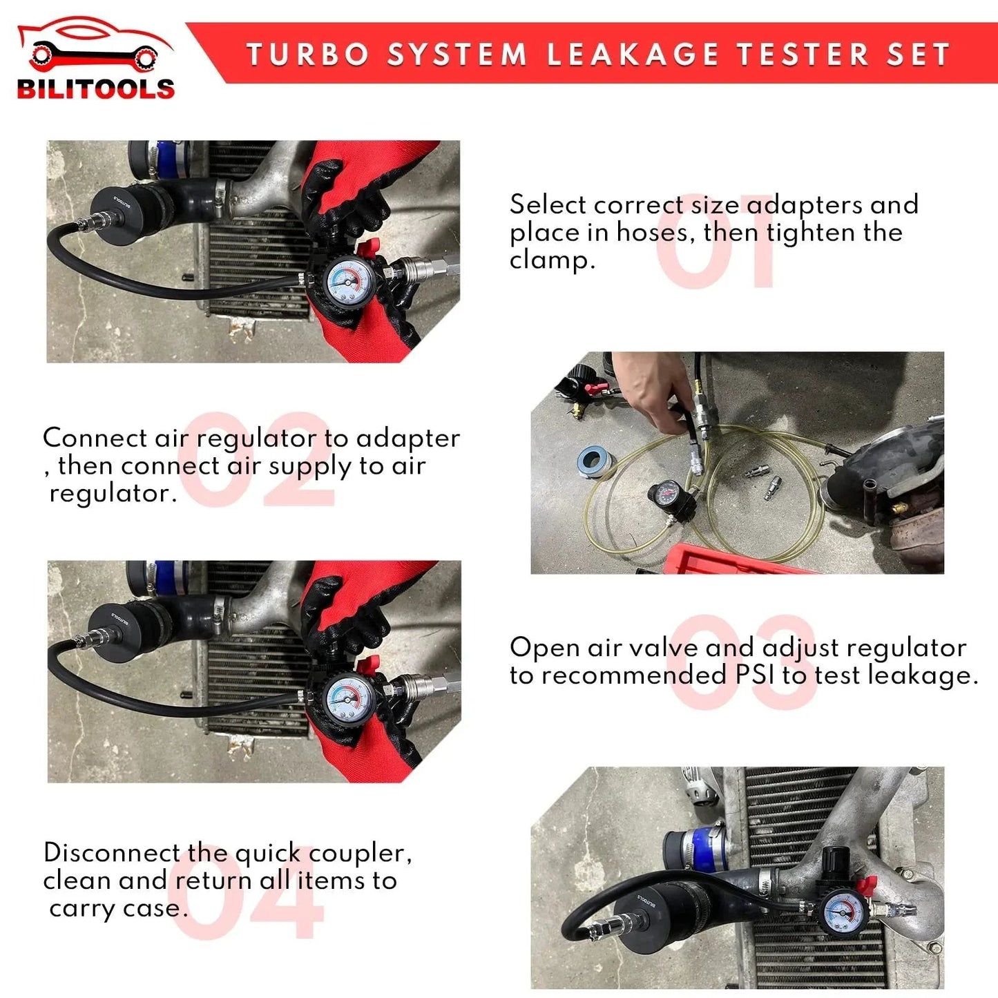 Turbo System Leakage Tester Kit for Turbocharger and Boost Lines Nine Piece Set With Low Pressure Shop Air in use