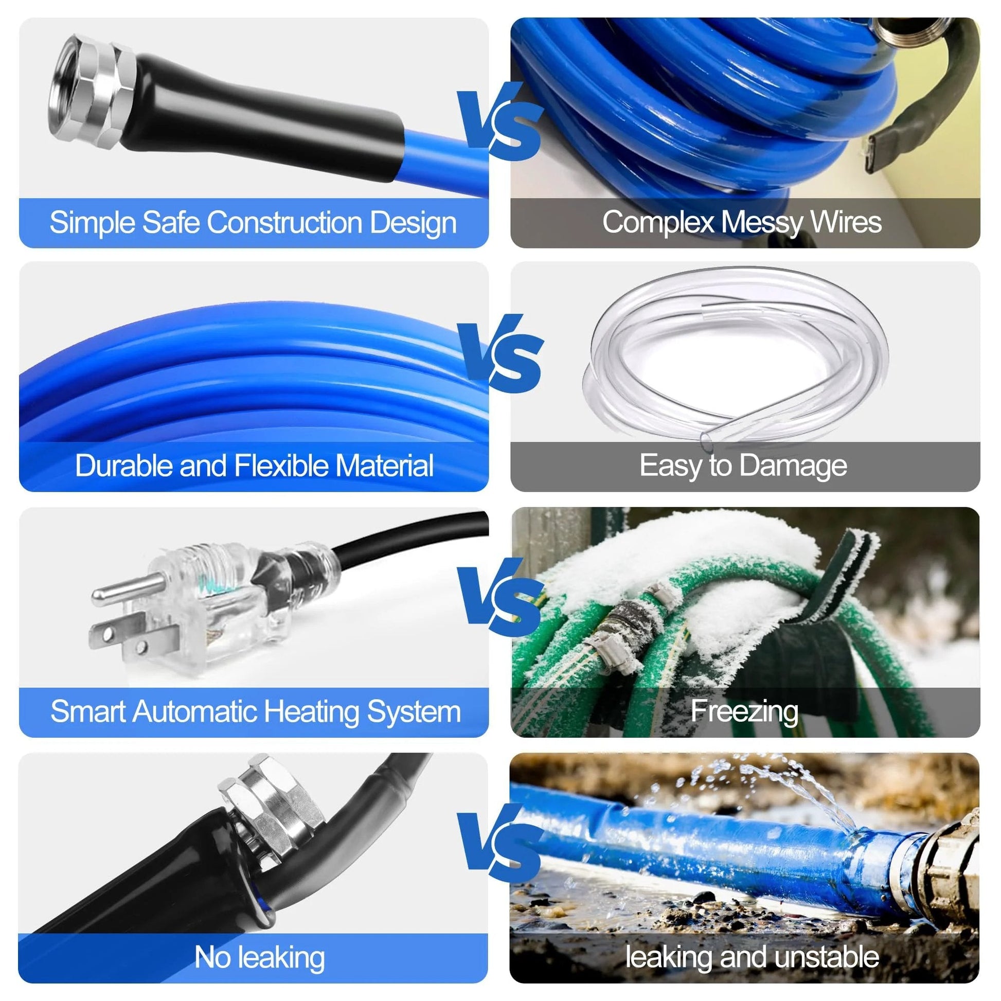 Comparison of Heated Water Hose for RV and Garden with Self Regulating Tech and Leakage Protection No Fuss Winter Ready Five Eighths Inch Inner Diameter and Three Quarters Inch NH Fittings Ten to Fifty Feet at 120 Volts by XPORTION, versus traditional hoses.