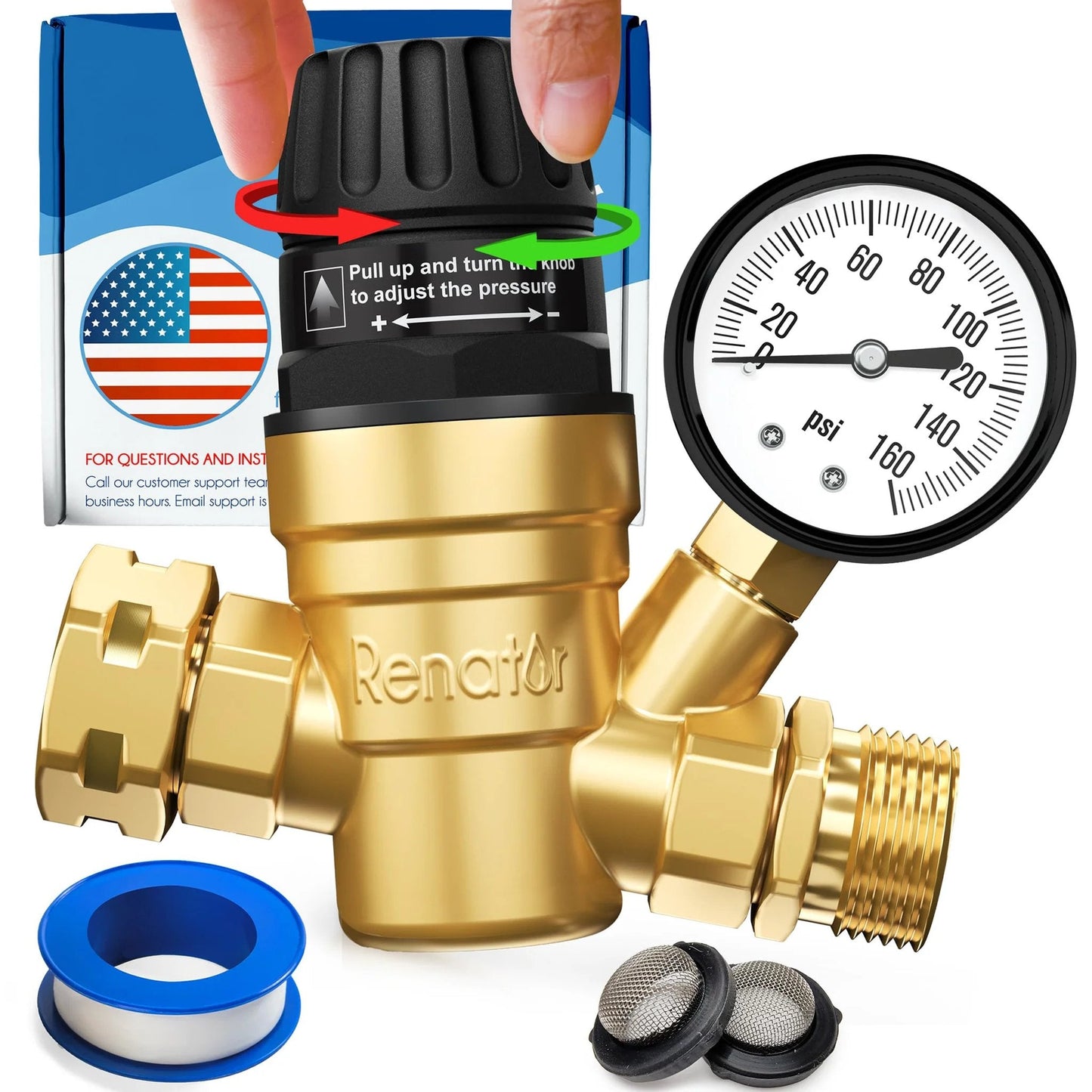 Brass Lead Free RV Water Pressure Regulator With Gauge For Camper And Travel Trailer Adjustable Regulator Valve With Filter Easy Install, close-up view.
