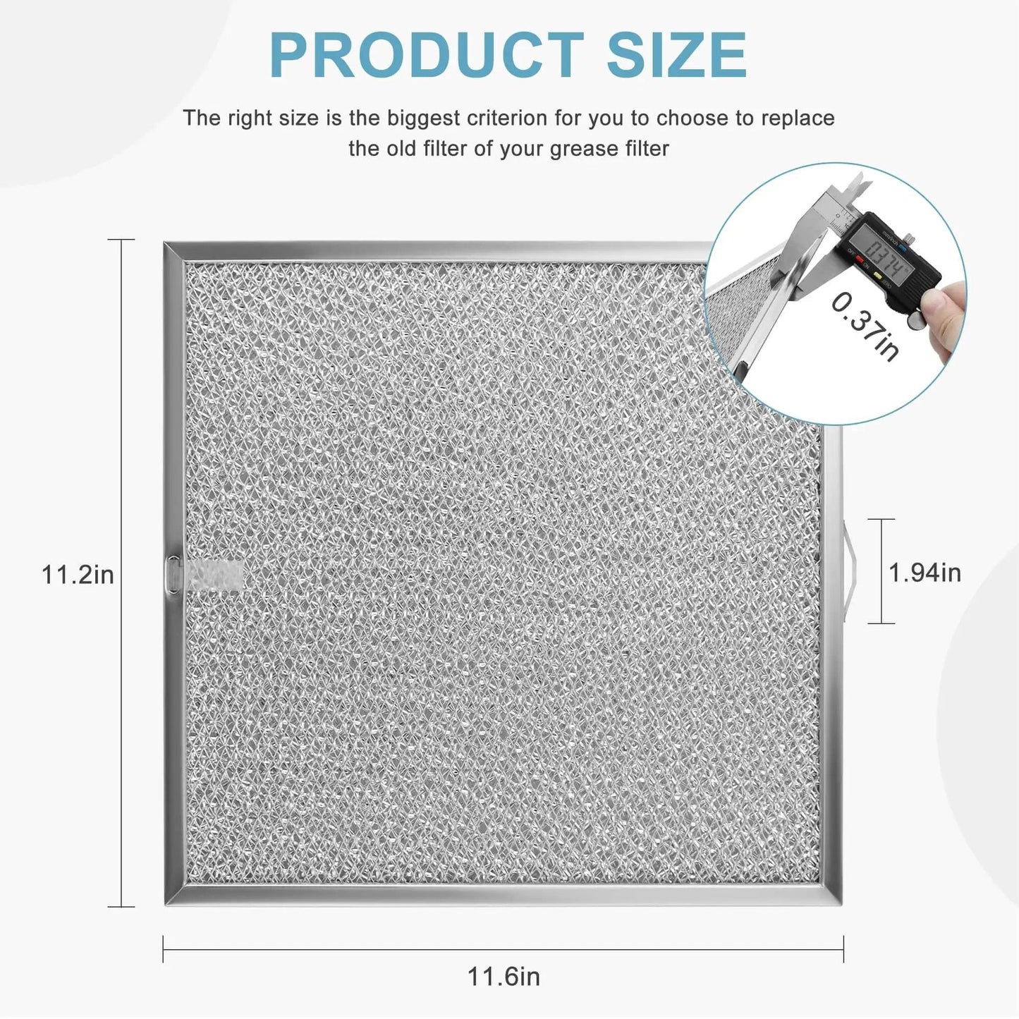 Range Hood Grease Filter 11 1/4 by 11 3/4 by 3/8 Inches Two Pack Compatible with Broan NuTone Kenmore Hoods Replacement S99010316 990721400 8558 Easy To Install shown with measurements