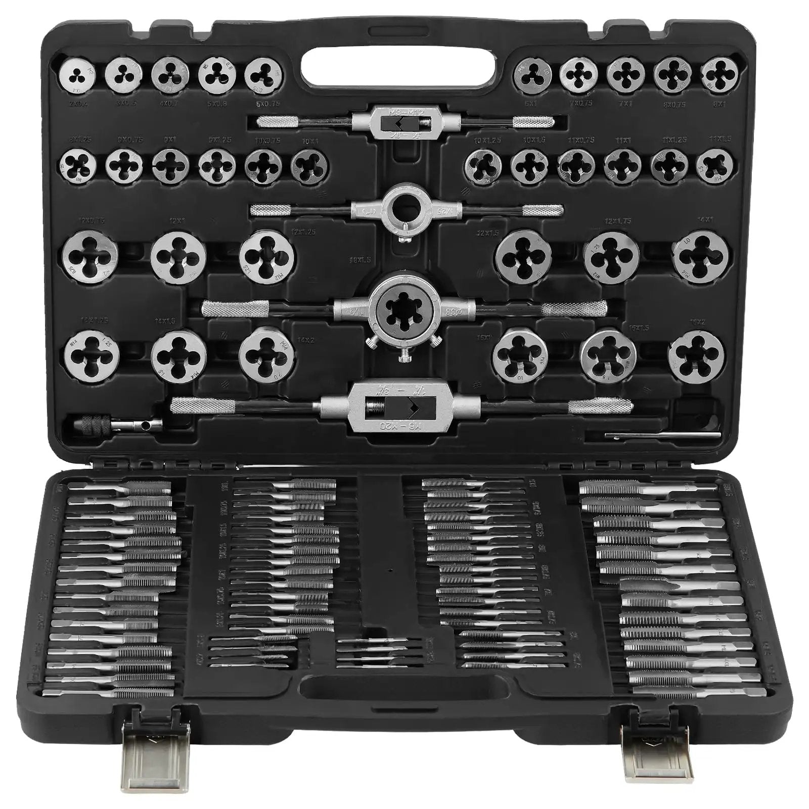Pro Grade 110-Piece Tap and Die Set with Metric Sizes M2 to M18, Bearing Steel Taps and Dies, Sturdy Storage Case Open