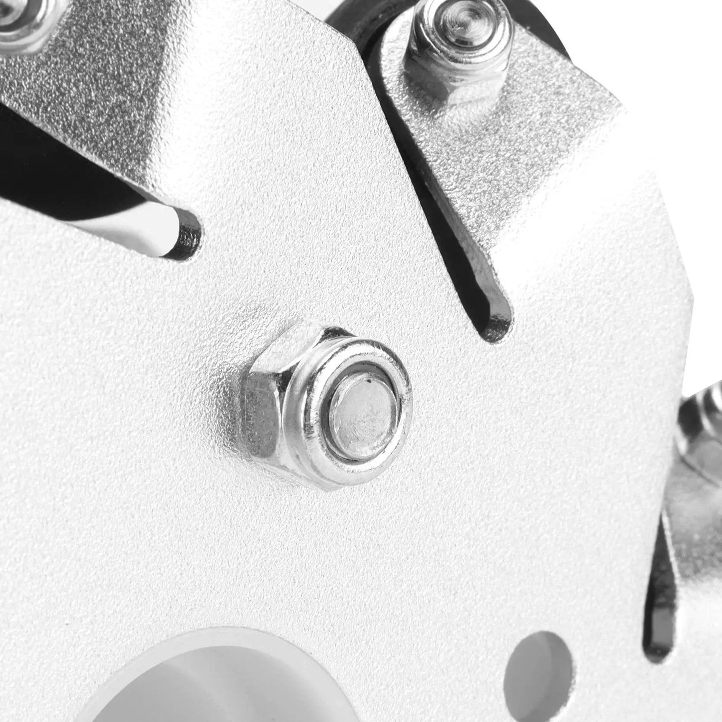 Close-up of 100mm Steel Mecanum Wheels Set For RC Robot Car With Nine Rubber Rollers Per Wheel showing metal chassis details.