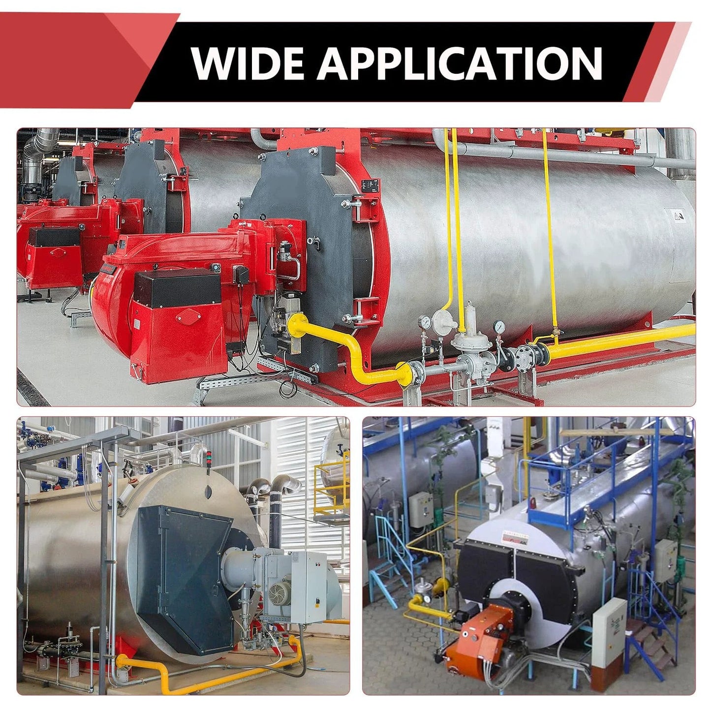Industrial boilers with various configurations and connections shown for wide application use in plumbing systems.