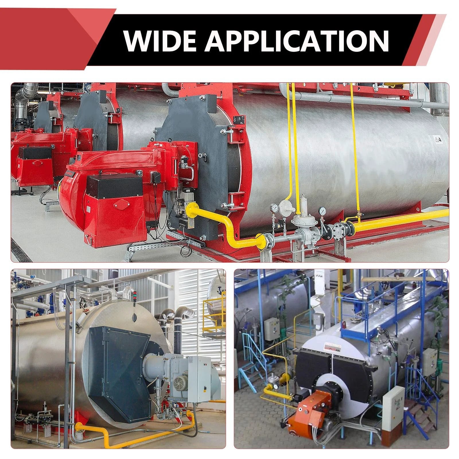Industrial boilers with various configurations and connections shown for wide application use in plumbing systems.