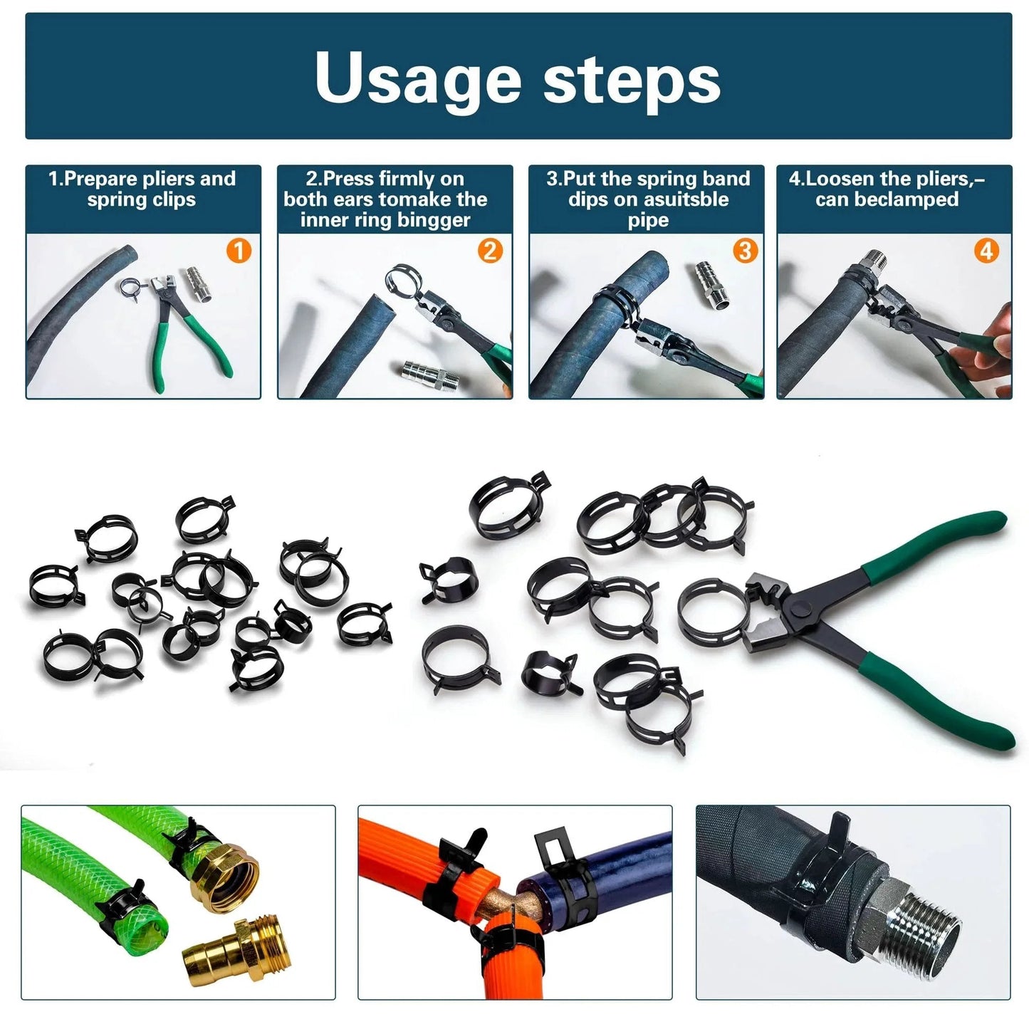 Steps to install Automotive Spring Hose Clamps Kit 6 To 38 Mm 401 Pcs with pliers and spring clips visible