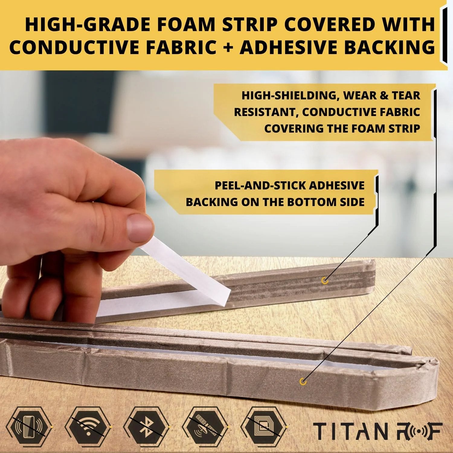 Faraday Foam Gasket For RF Enclosures, 90 Inch Long By 0.75 Inch Wide By 0.5 Inch Thick, Foam Strip Covered In High Shielding Conductive Fabric With Adhesive Backing, Easy Trim And Peel To Seal EMI Enclosures.