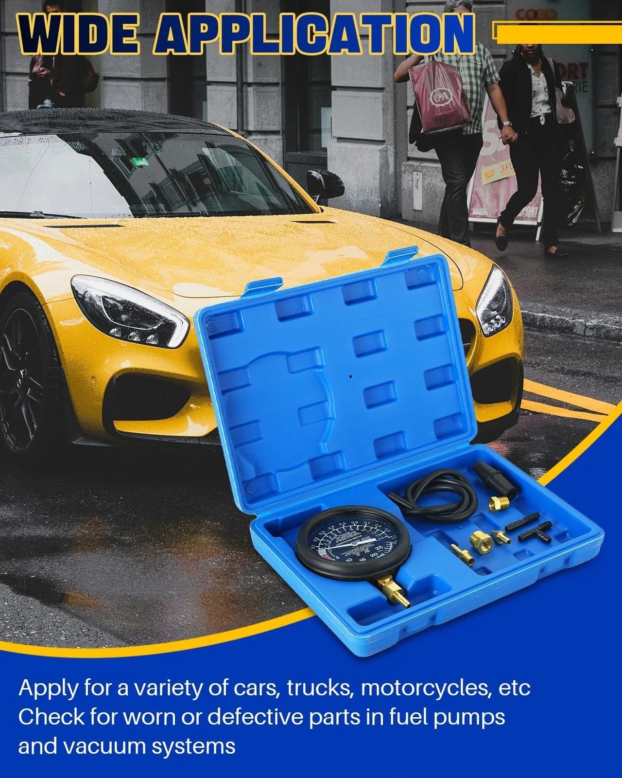 Car Vacuum and Fuel Pump Tester Gauge Kit for Fuel Pressure and Vacuum Diagnostics, Pro Grade Leak Testing displayed in blue case