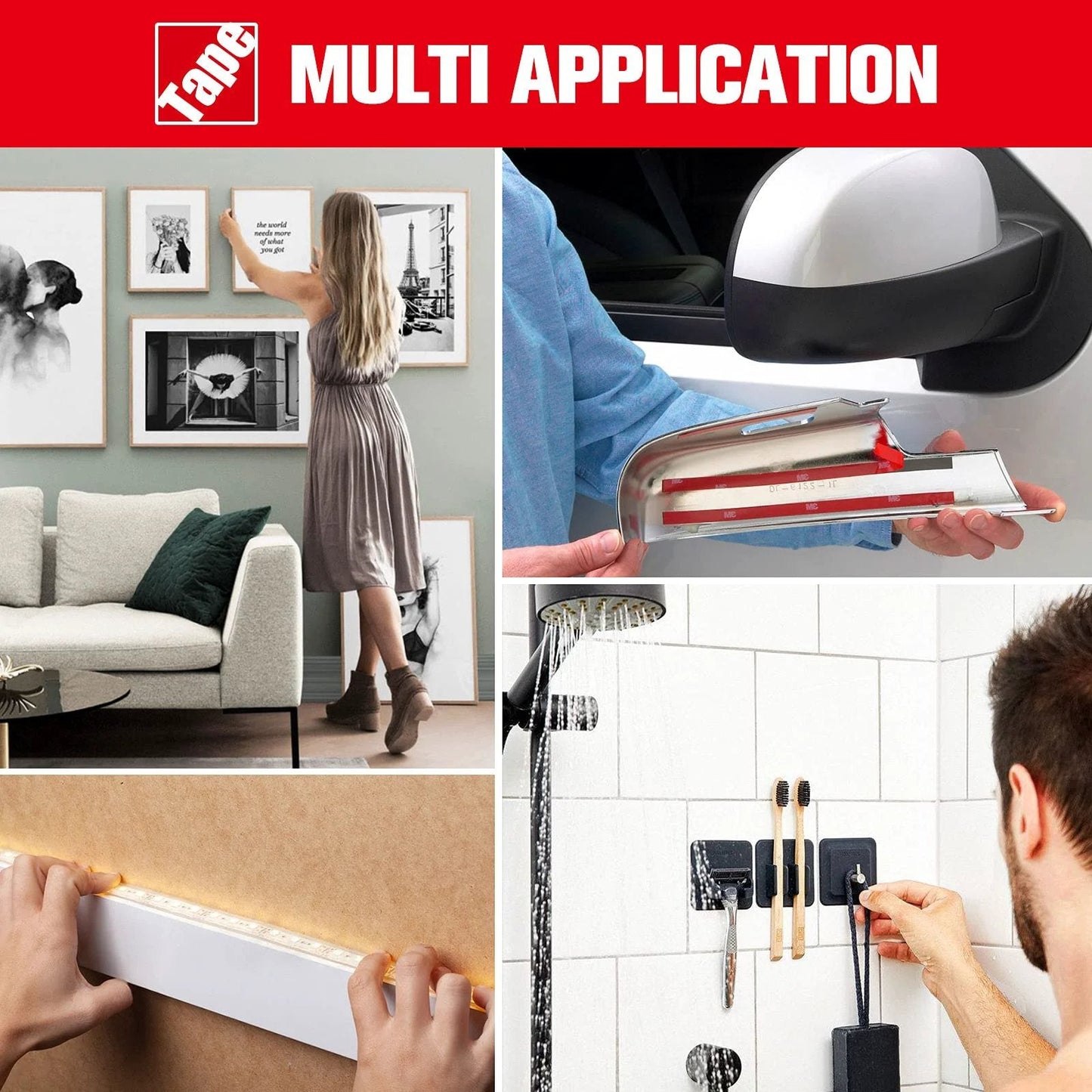 Heavy Duty Waterproof Double Sided Foam Tape 33ft Long 0.4 Inch Wide Strong Adhesive Mounting Tape For LED Strips Automotive Home Office Outdoor Decor 3M VHB Technology used in various applications such as wall art, automotive, shower, and lighting installation.
