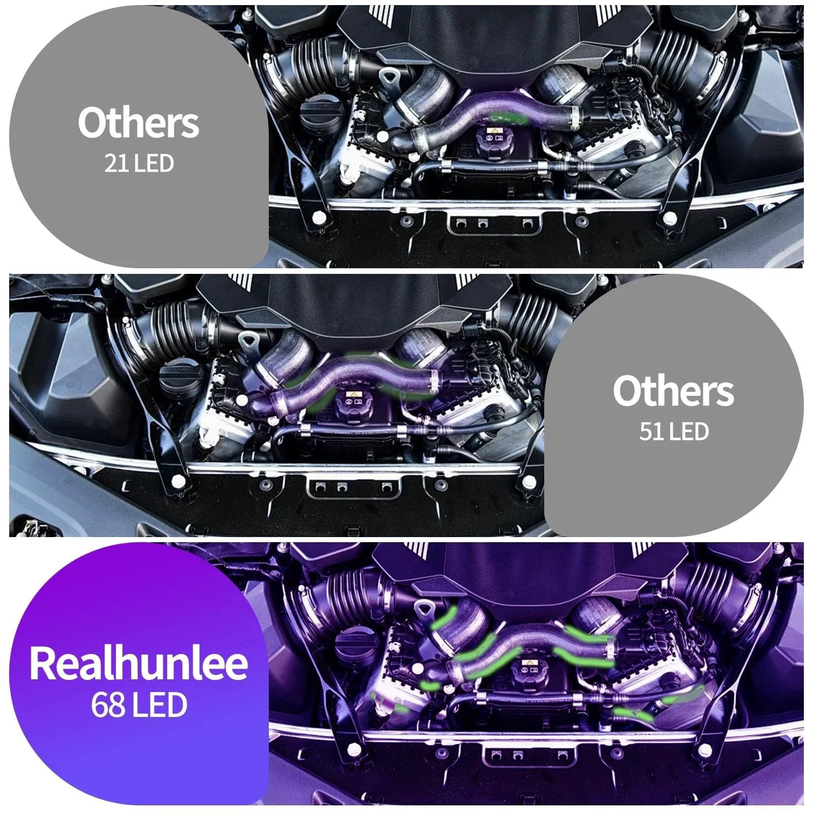 Comparison of 21 LED, 51 LED, and Realhunlee 68 LED UV flashlights for auto AC leak detection highlighting differences in visibility.