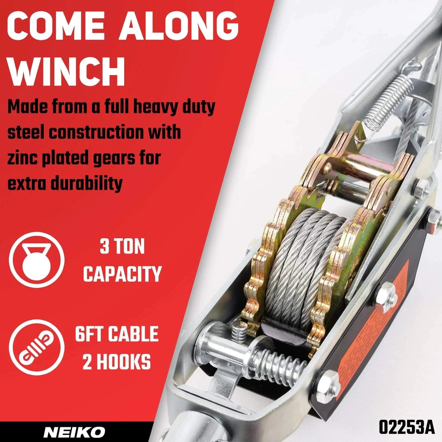 3 Ton Come Along Winch With 9.8 Ft Hand Cable And Dual Gear System For Heavy Duty Pulling 6,000 Lbs Capacity Two Hooks Automotive Hoist