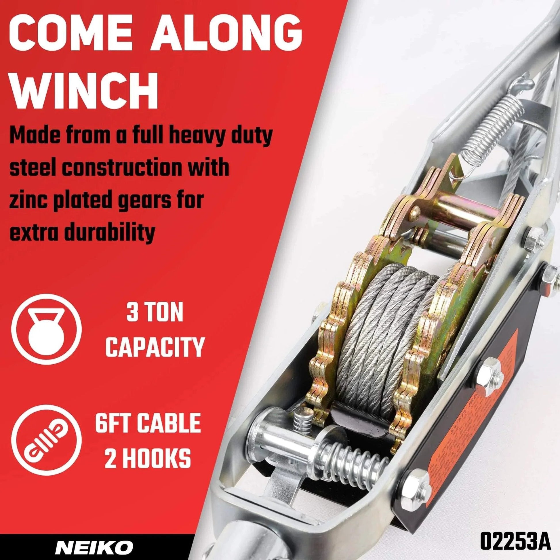 3 Ton Come Along Winch With 9.8 Ft Hand Cable And Dual Gear System For Heavy Duty Pulling 6,000 Lbs Capacity Two Hooks Automotive Hoist