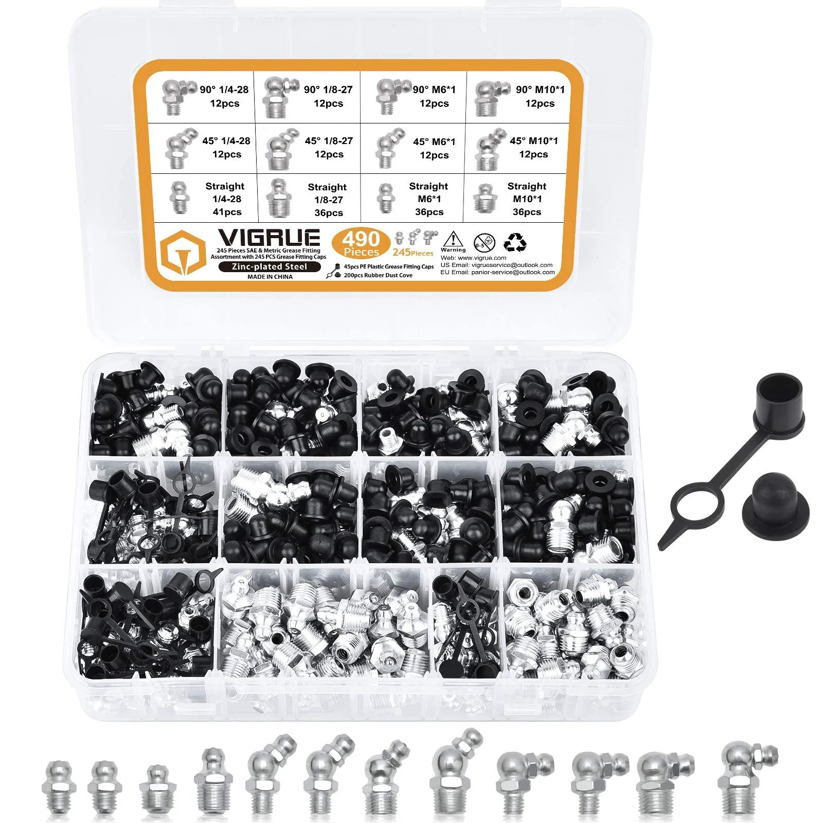 Grease Fittings Kit With Caps Pro Grade SAE And Metric Zerk All In One Assortment 490 Pieces in storage case with caps visible