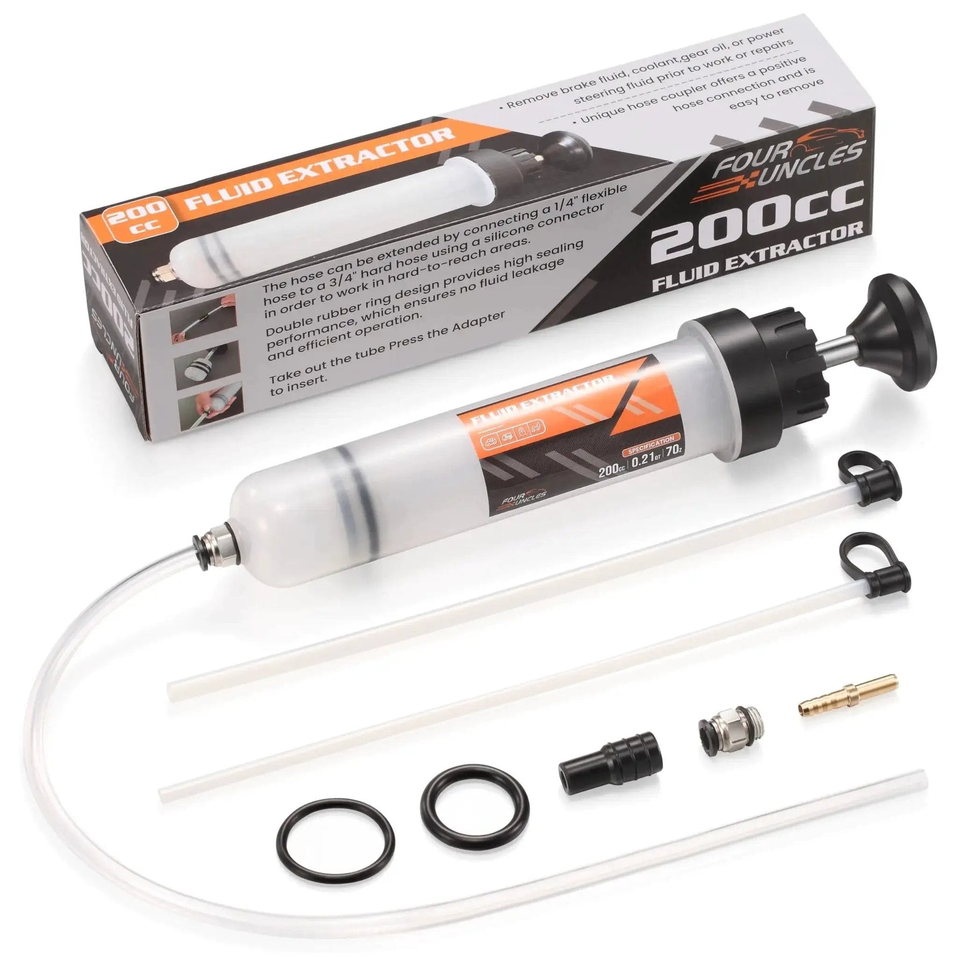 200cc Fluid Extractor And Fill Pump For Automotive Use With 23 Inch Reach Hose, view with accessories and packaging