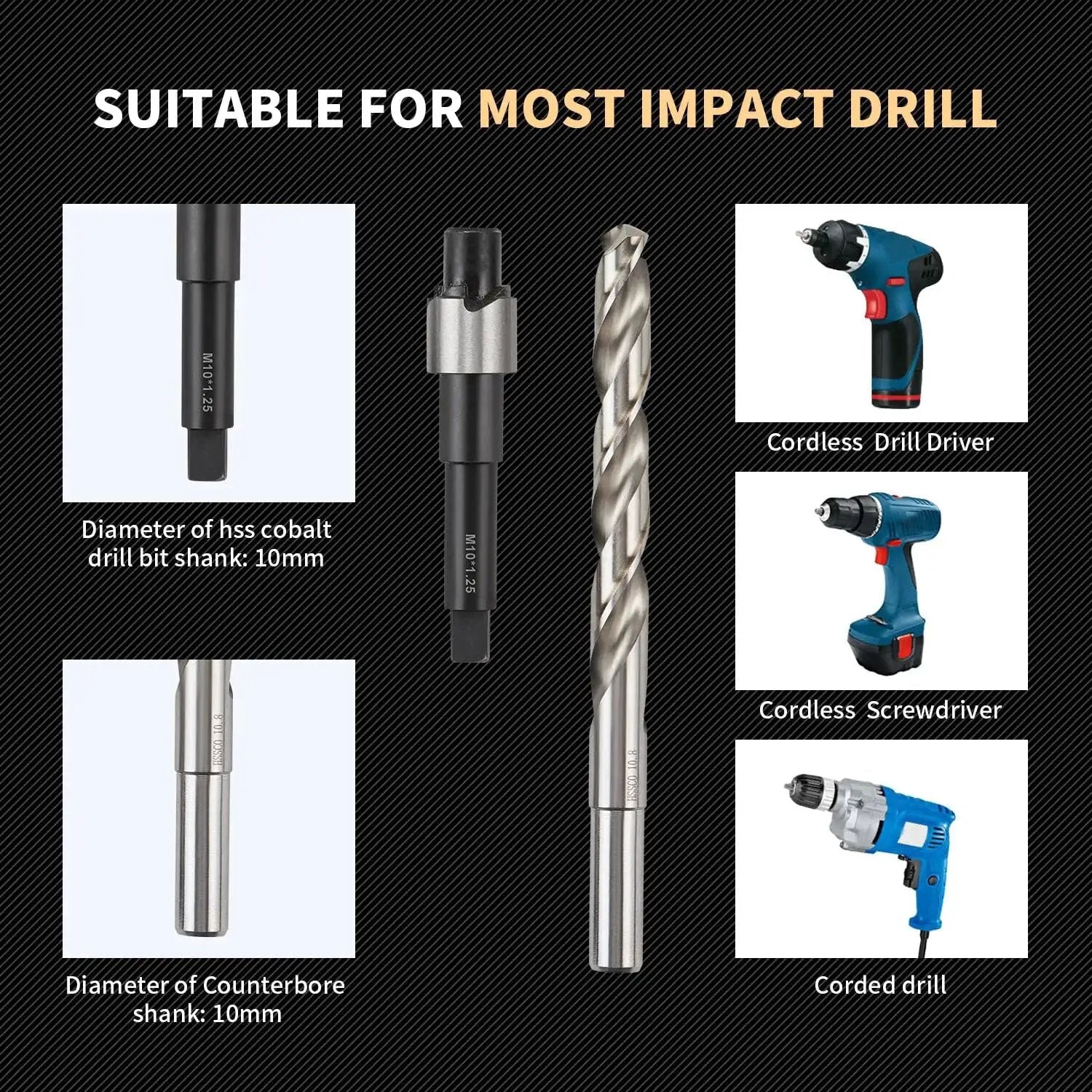 Suitable drills for Pro Grade Stainless Steel M10x1.25 Thread Repair Kit with 14mm inserts, includes HSS drill and counterbore.