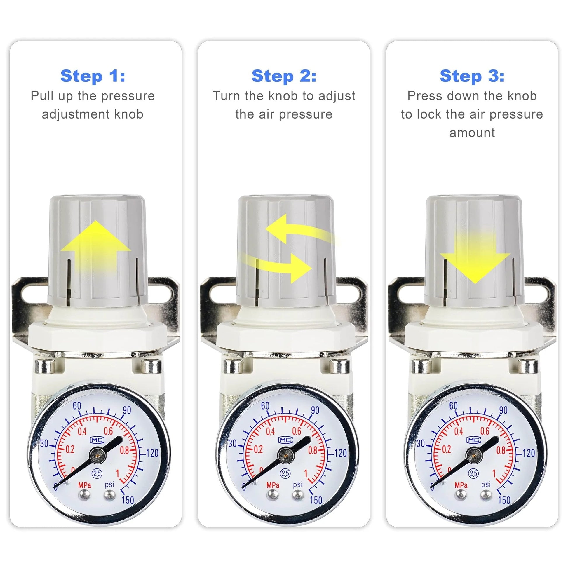 Pro Grade Air Regulator For Compressors With 0.25 Inch Port And 0 To 150 PSI Gauge Bracket Instructions