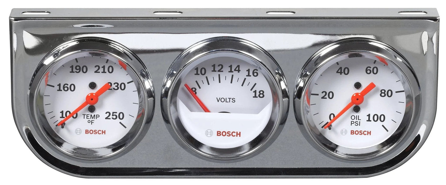 Front view of Style Line 2 Inch Triple Gauge Kit With White Dial And Chrome Bezel Includes Oil Temperature And Water Temperature Gauges Electrical Voltmeter
