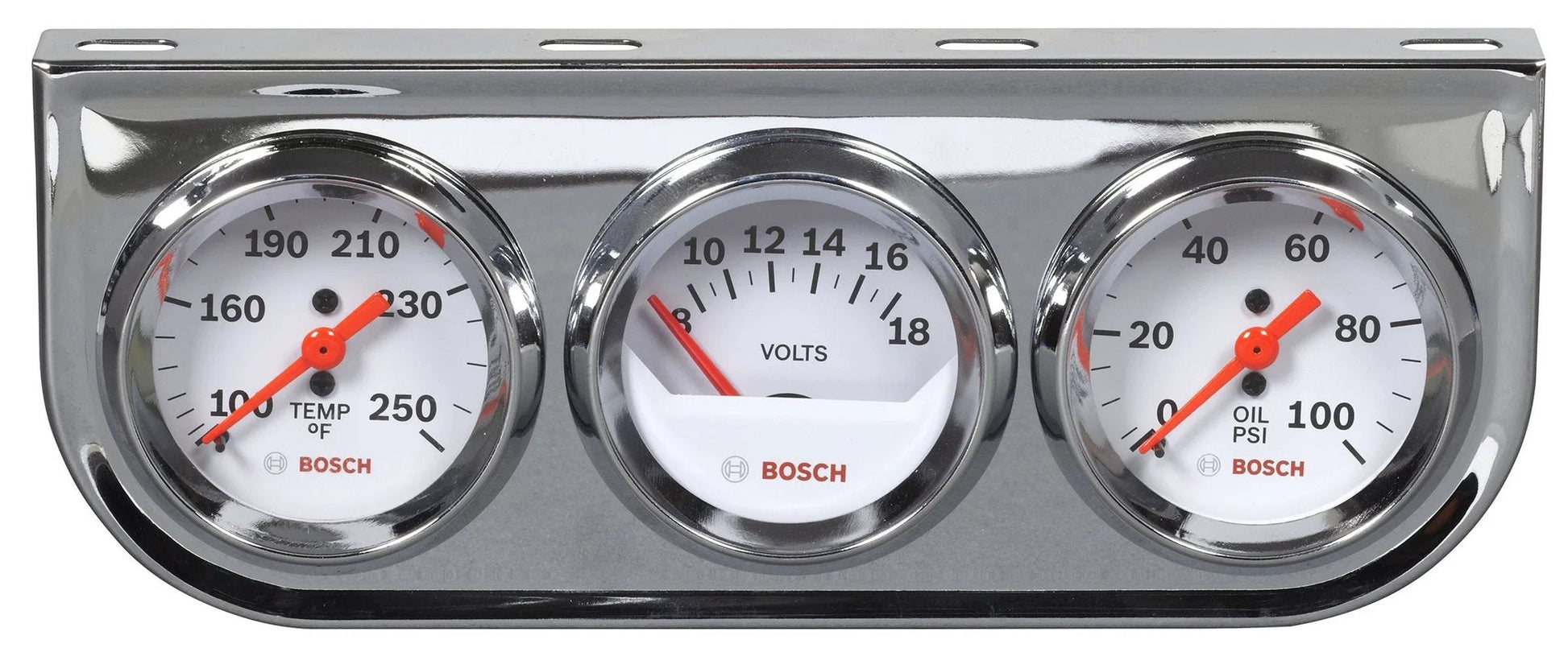 Front view of Style Line 2 Inch Triple Gauge Kit With White Dial And Chrome Bezel Includes Oil Temperature And Water Temperature Gauges Electrical Voltmeter