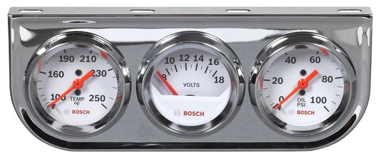 Front view of Style Line 2 Inch Triple Gauge Kit With White Dial And Chrome Bezel Includes Oil Temperature And Water Temperature Gauges Electrical Voltmeter