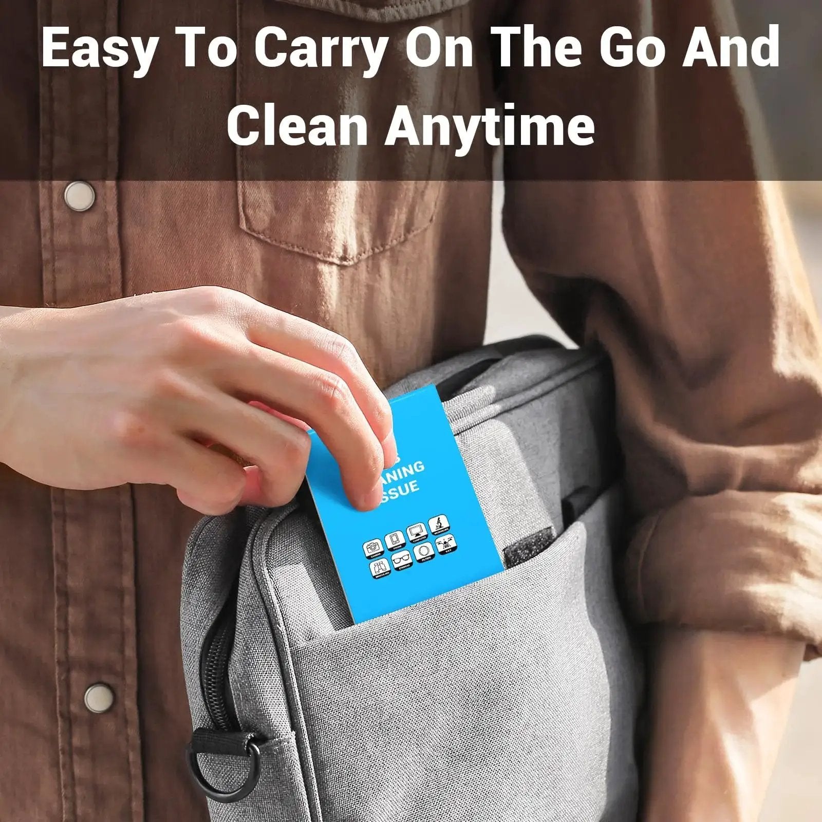 Person placing 700 Sheets Lens Cleaning Tissue Paper for Microscopes and Camera Lenses into backpack pocket
