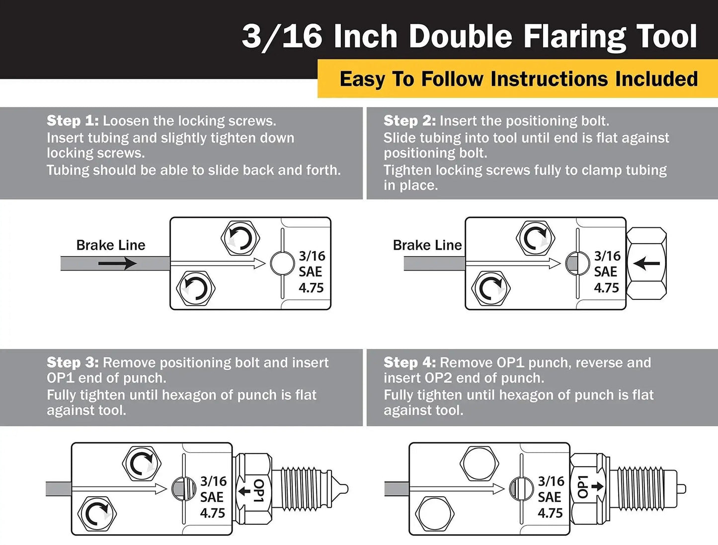 Instructions diagram for 3/16 Inch SAE Inverted 45 Degree Double Flaring Tool For Tubing with four step icons.