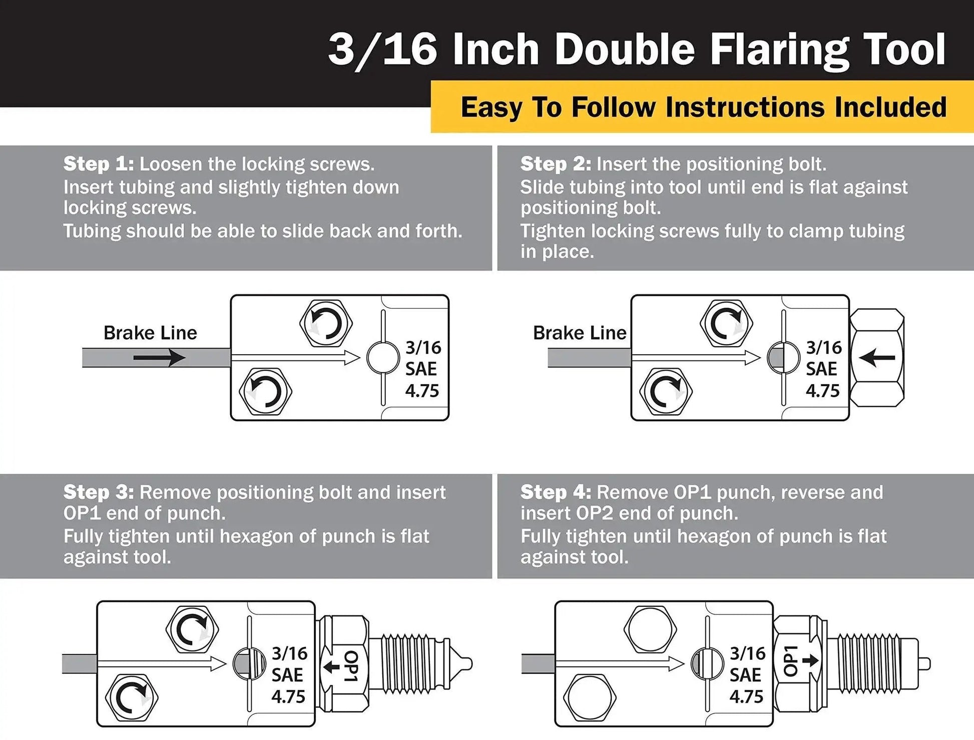Instructions diagram for 3/16 Inch SAE Inverted 45 Degree Double Flaring Tool For Tubing with four step icons.