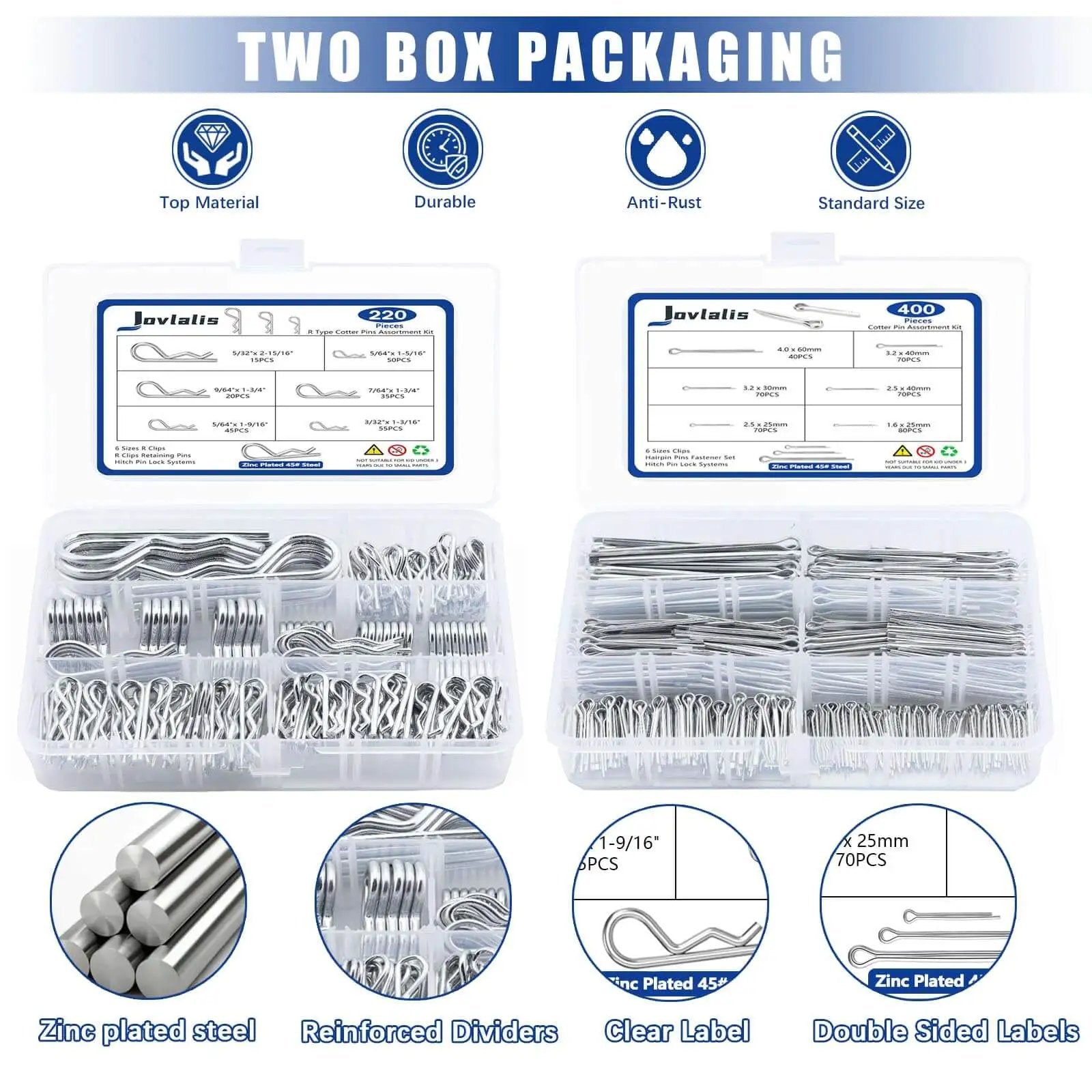 620 Pcs Cotter Pins Assortment Kit With Hairpin Cotter Pins And R Clips In 12 Sizes For Hitch Pin Lock Systems Zinc Plated For Automotive, Farm, Lawn And Garden, And General Hardware Projects in two-box packaging with zinc-plated steel pins.