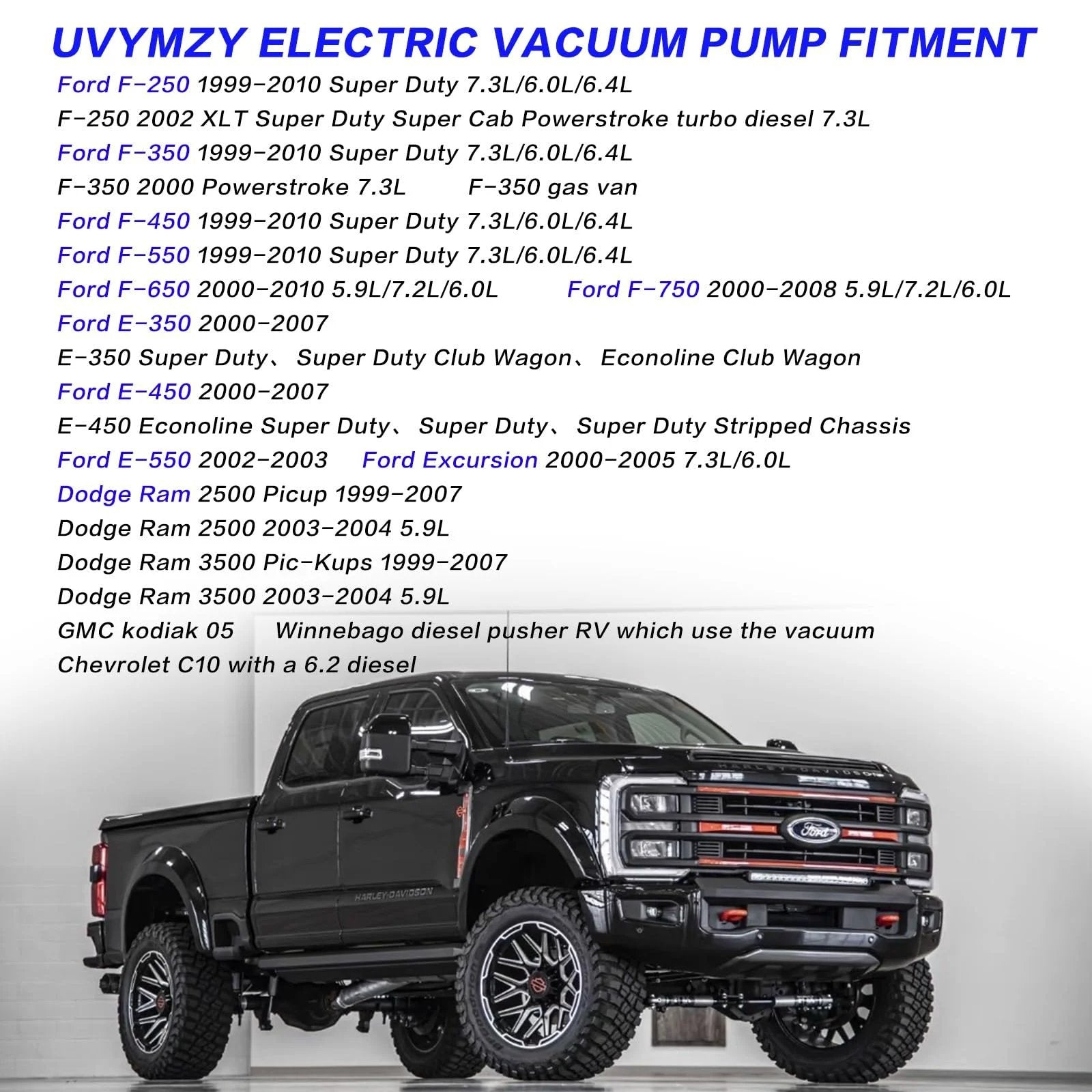 List of vehicles compatible with Replacement 904-214 Vacuum Pump and black truck in foreground.
