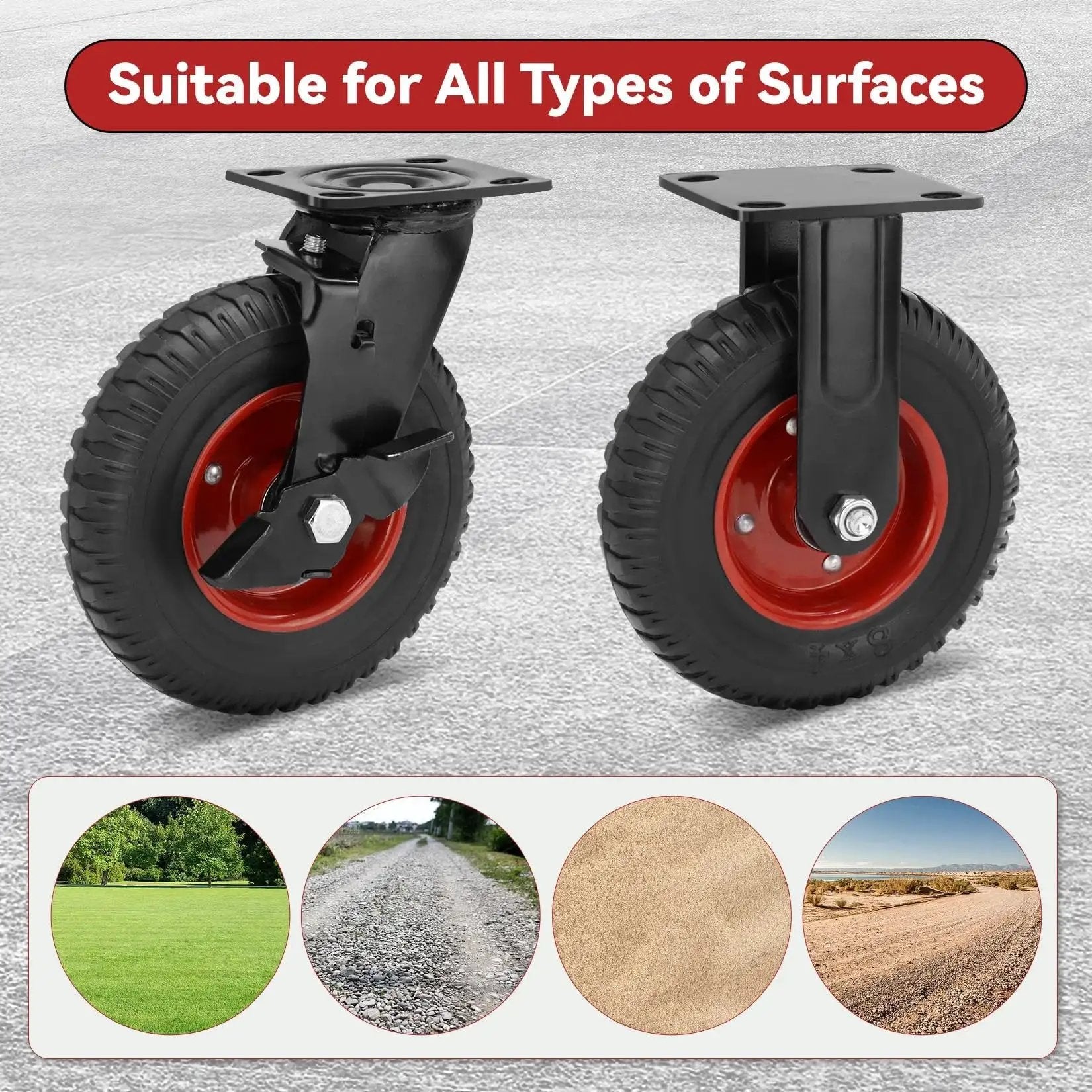 8 Inch Heavy Duty Rubber Casters With 2200 Lbs Load Capacity Set Of Four for industrial carts, knobby tread wheels on various surfaces