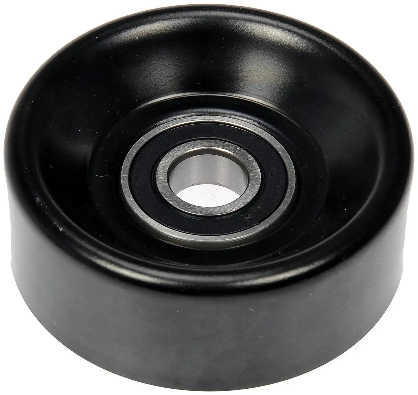 Black accessory drive belt idler pulley for Dodge and Jeep, Dorman 419 672 direct replacement, front view showing metal bearing