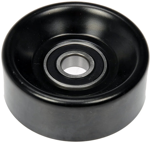 Black accessory drive belt idler pulley for Dodge and Jeep, Dorman 419 672 direct replacement, front view showing metal bearing