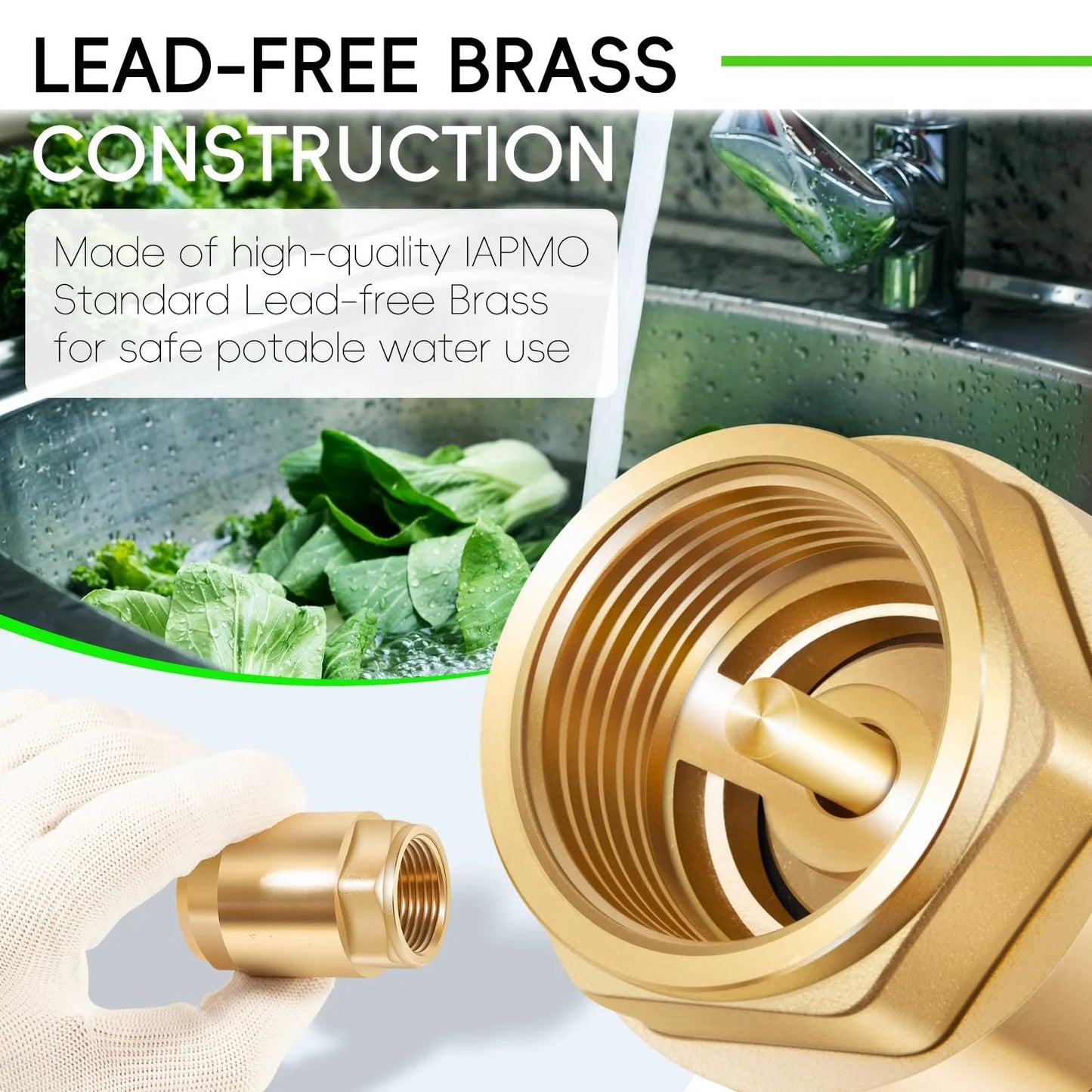 Close-up of Two Pack Brass In Line One Way Check Valve Three Quarter Inch IPS For Water Hose Backflow Prevention Ideal For Plumbing Irrigation And HVAC Systems For Home And Commercial Use showing lead-free construction