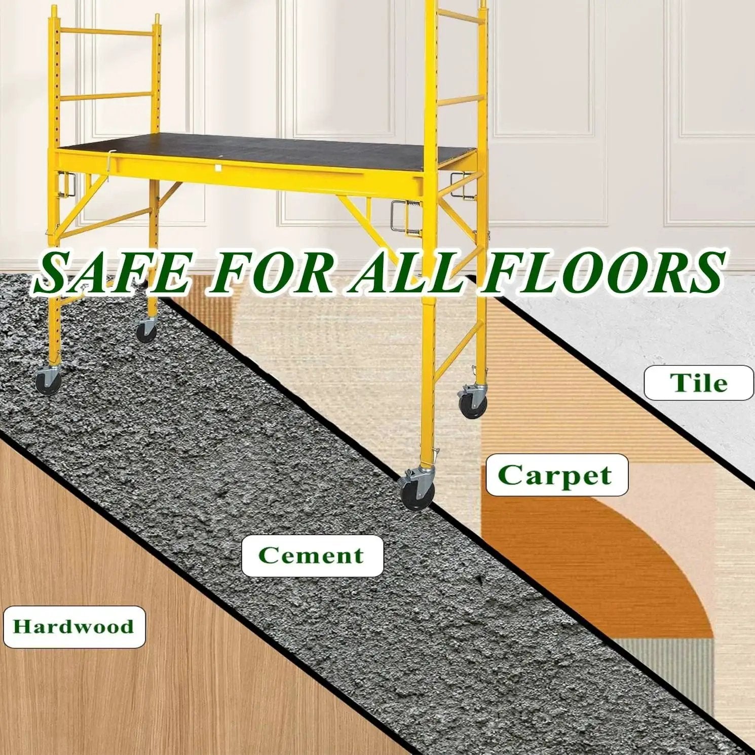 5 Inch Scaffolding Caster Set Of 4 With Heavy Duty Baker Wheels shown on various flooring types including hardwood, cement, tile, and carpet.