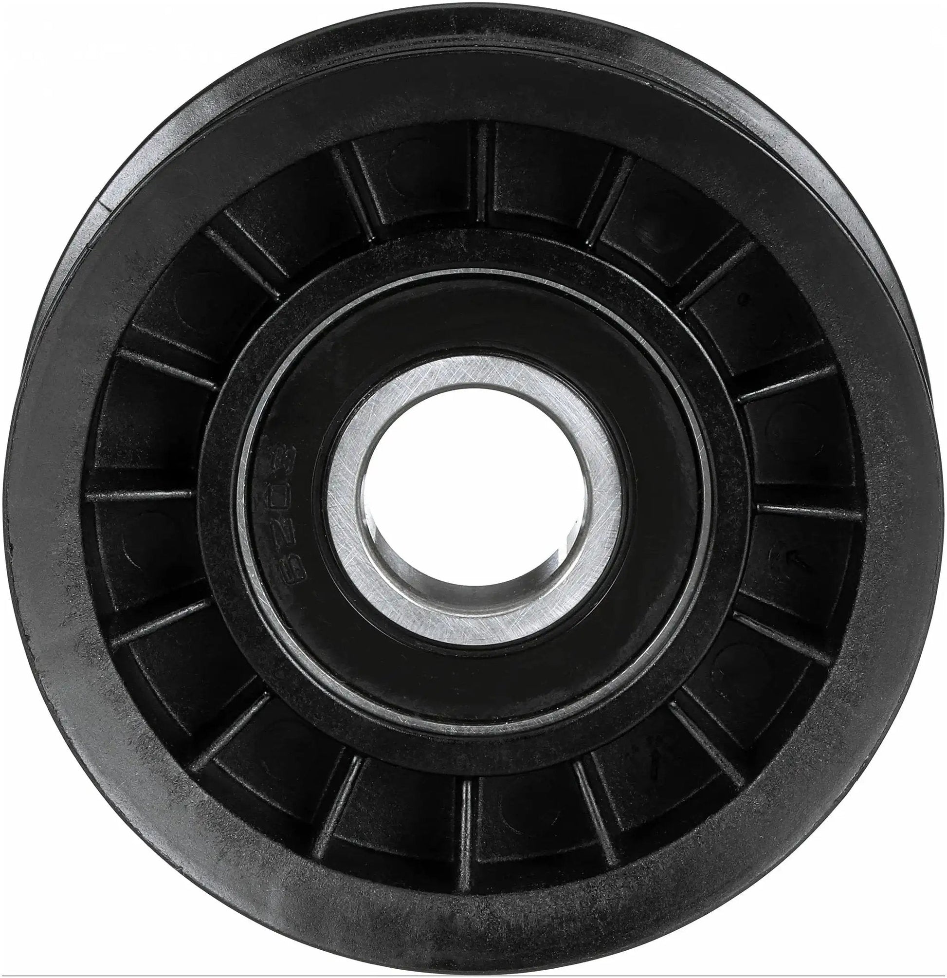Front view of DriveAlign Belt Drive Idler Tensioner Pulley Replacement for Cars and SUVs in beefy steel and thermoplastic build.