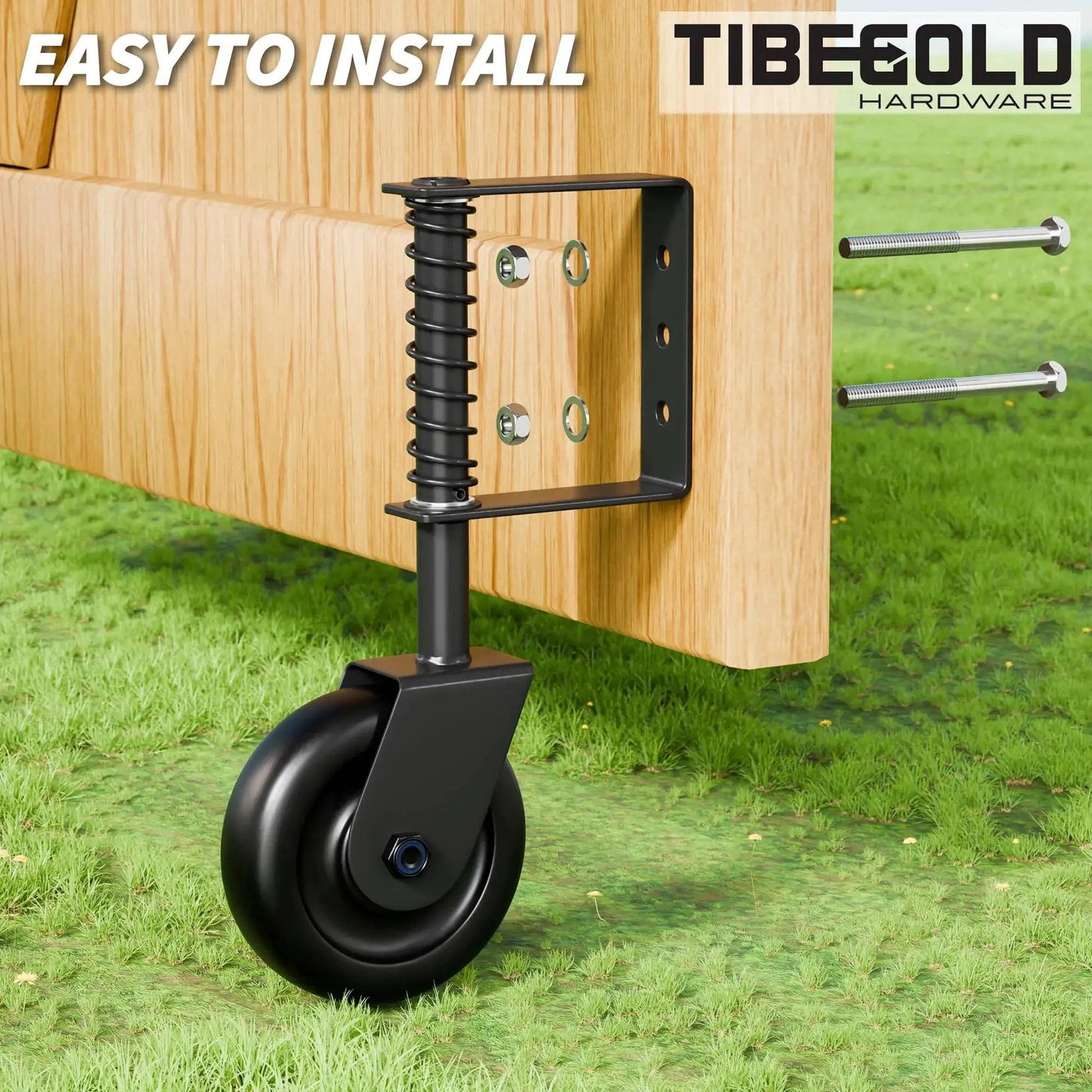 Heavy Duty 4.3 Inch Gate Wheel Casters for Outdoor Wooden Gates and Fences, Spring Loaded Gate Caster with Bearing installed on wooden gate