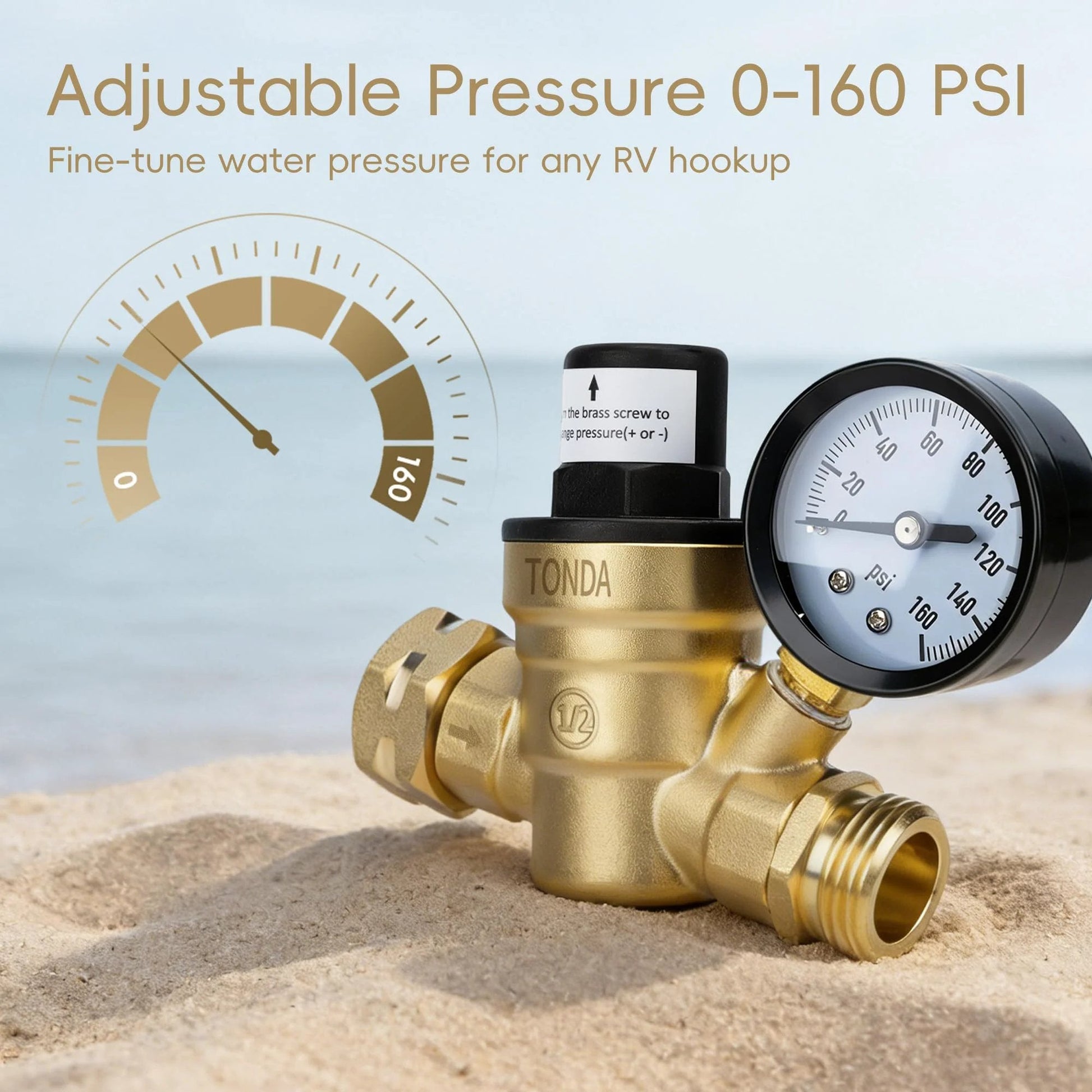 Lead Free Brass RV Water Pressure Regulator With Gauge And Inlet Screen Filter Adjustable 0 To 160 PSI on sand