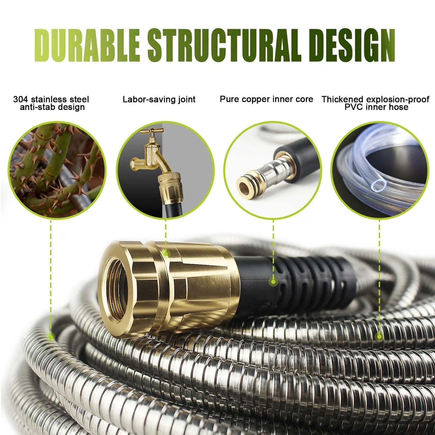Close-up of Heavy Duty 50 Ft Stainless Steel Garden Hose With Ten Function Nozzle Flexible No Kink And Lightweight And Durable