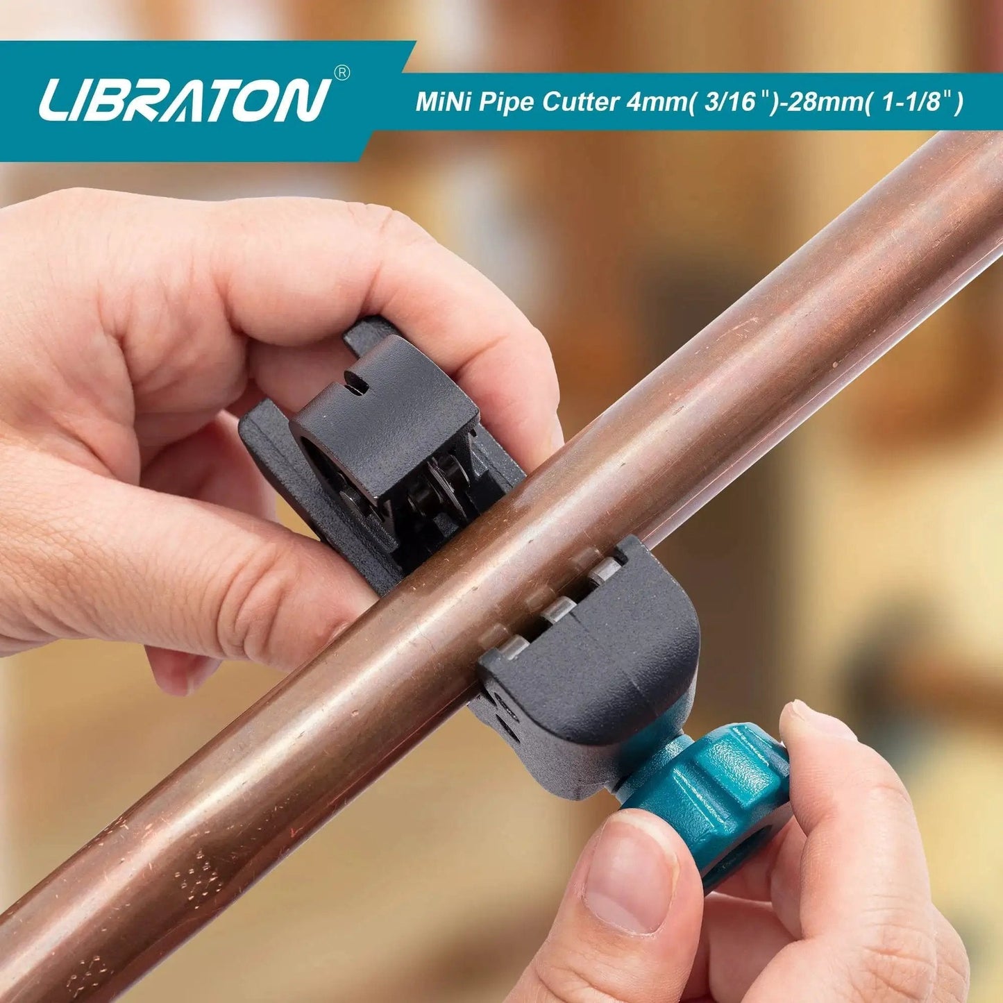 Compact Mini Tubing Cutter For Copper Aluminum And Thin Stainless Steel Pipes Three Sixteenths To One And One Eighth Inch With Deburring Tool being used on a copper pipe