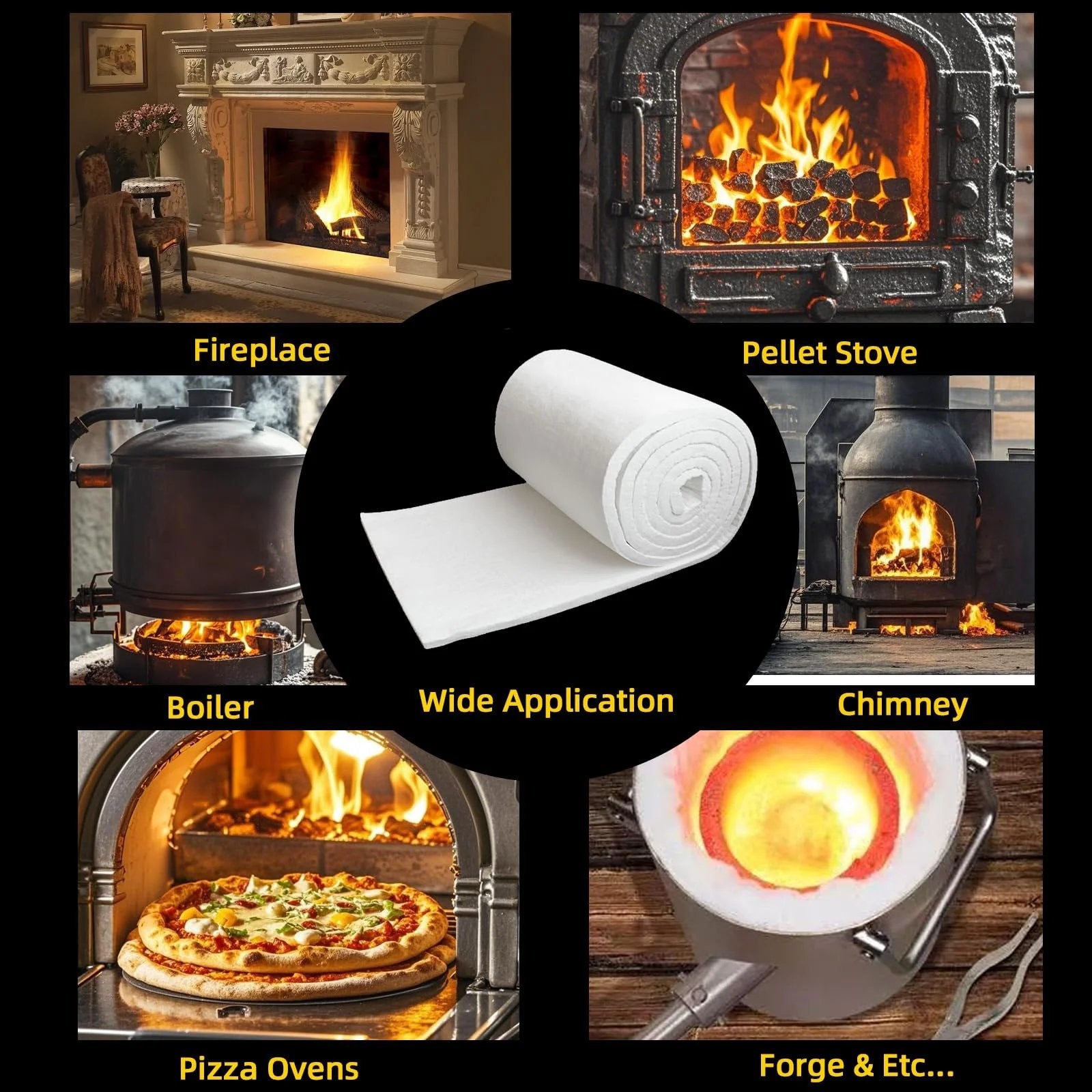 Ceramic Fiber Blanket Insulation For Fireproof Baffles And Wood Stoves 2400F High Temperature Resistance Thick 1 Inch 48 By 16 By 1 Inches Beefed Up For Chimneys Stoves And Forge 1 Pc By BOKE YOUNG shown with applications in fireplaces, pellet stoves, boilers, pizza ovens, chimneys, and forges.