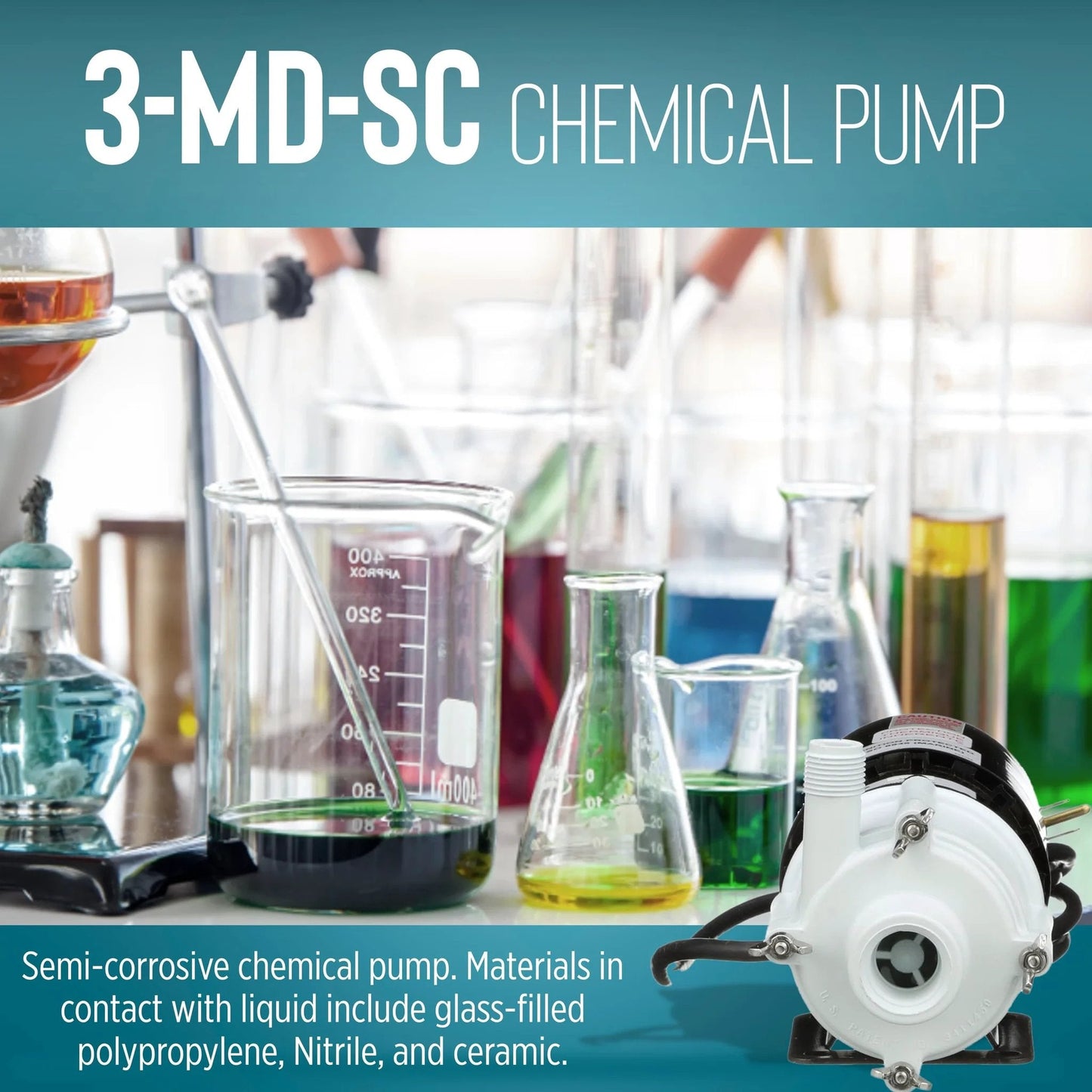 Heavy-Duty Non-Submersible Magnetic Drive Pump for Semi-Corrosive Chemicals, 115V, 1/12 HP, 750 GPH, 3-MD-SC in lab setting