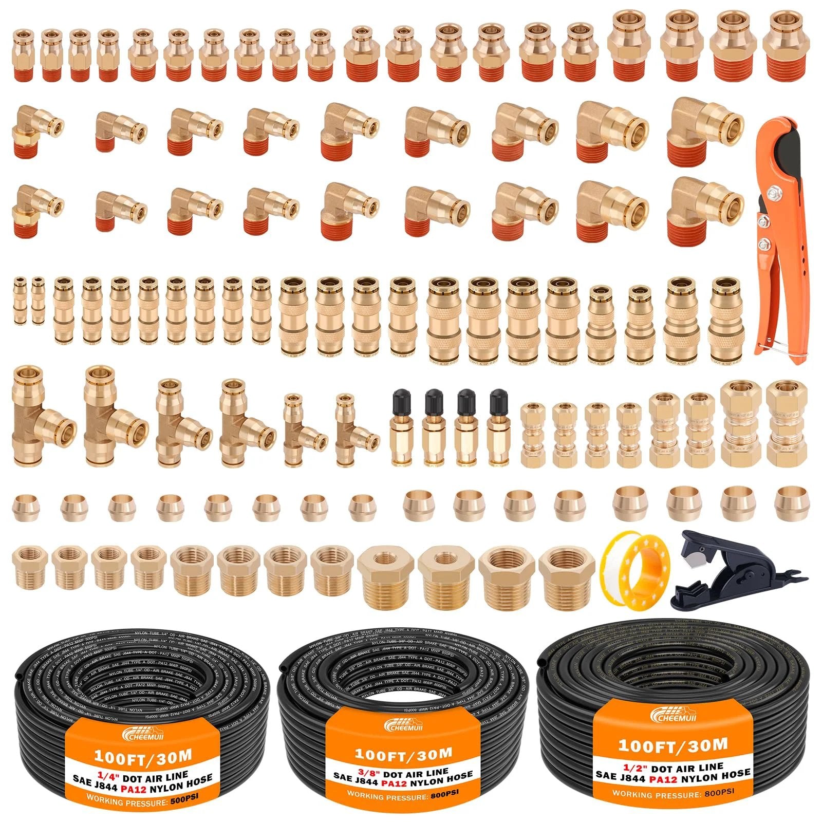 All In One DOT Air Line Fittings Kit With 112 Brass Quick Connects And 300 Ft Of Air Lines shown with fittings and tubing.