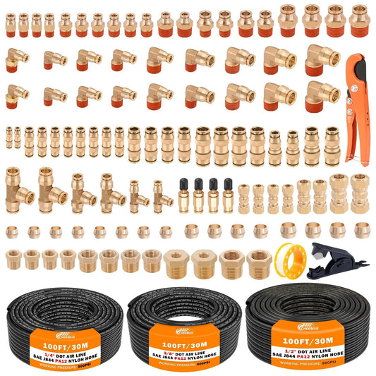 All In One DOT Air Line Fittings Kit With 112 Brass Quick Connects And 300 Ft Of Air Lines shown with fittings and tubing.