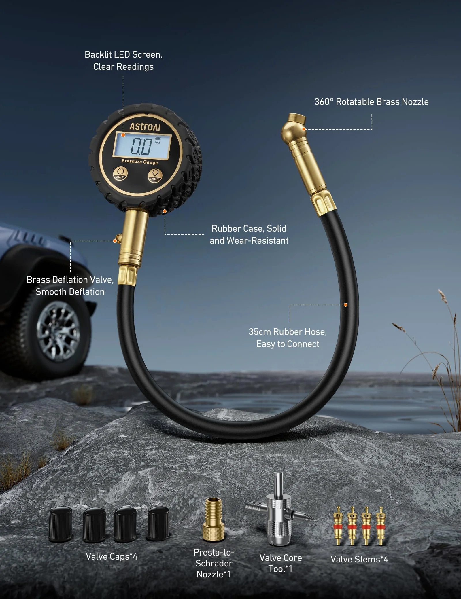 Car Tire Pressure Gauge With Backlit LED, Solid Brass Construction And Rubber Hose, Air Bleeder Valve, displayed on rocky surface.