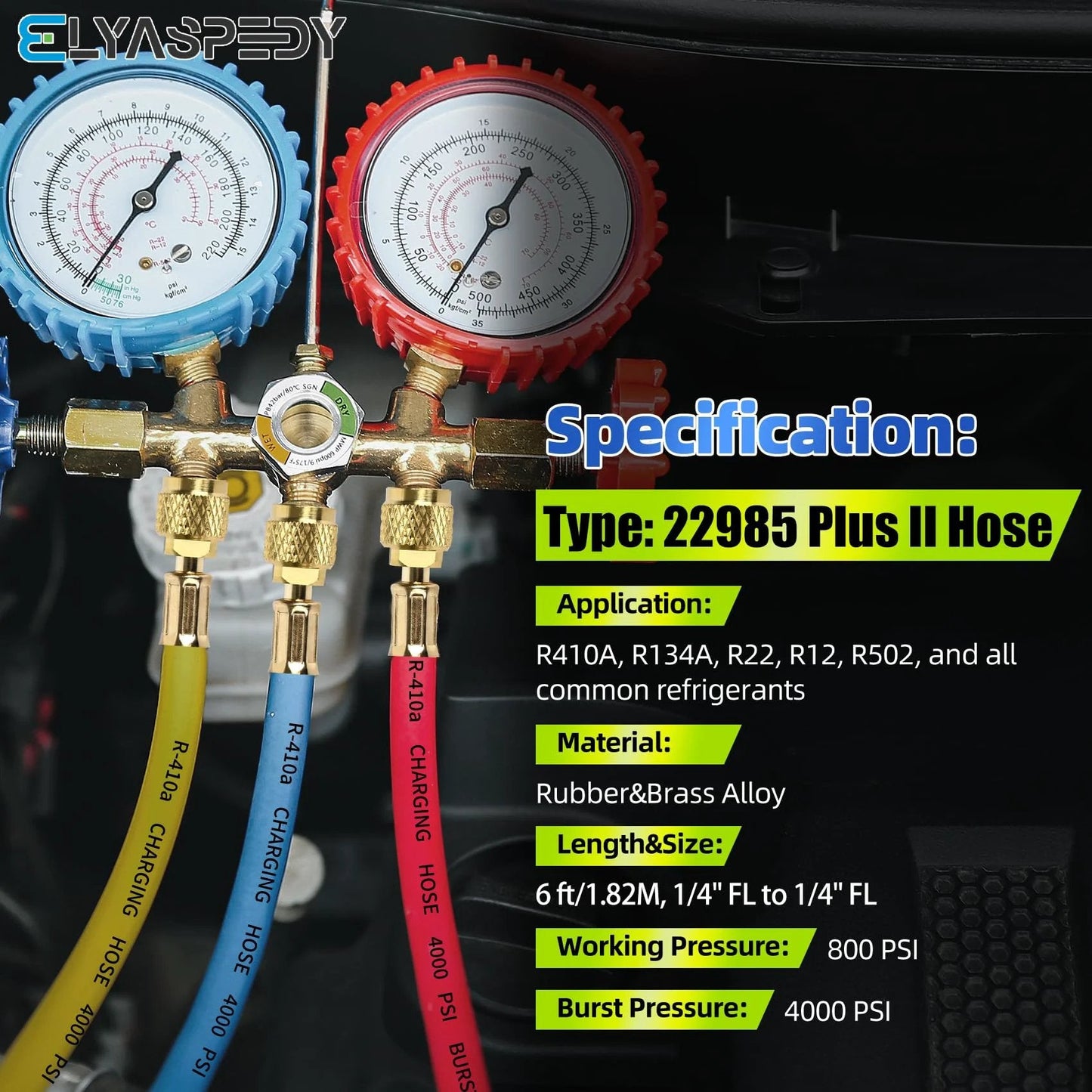Pro Grade 72 Inch Low Loss Vacuum Certified Manifold Hose Set For R410A And All Common Refrigerants 800 PSI Working Pressure Quarter Inch Flare To Quarter Inch Flare Pack Of 3 Heavy Duty HVAC Kit shown with gauges