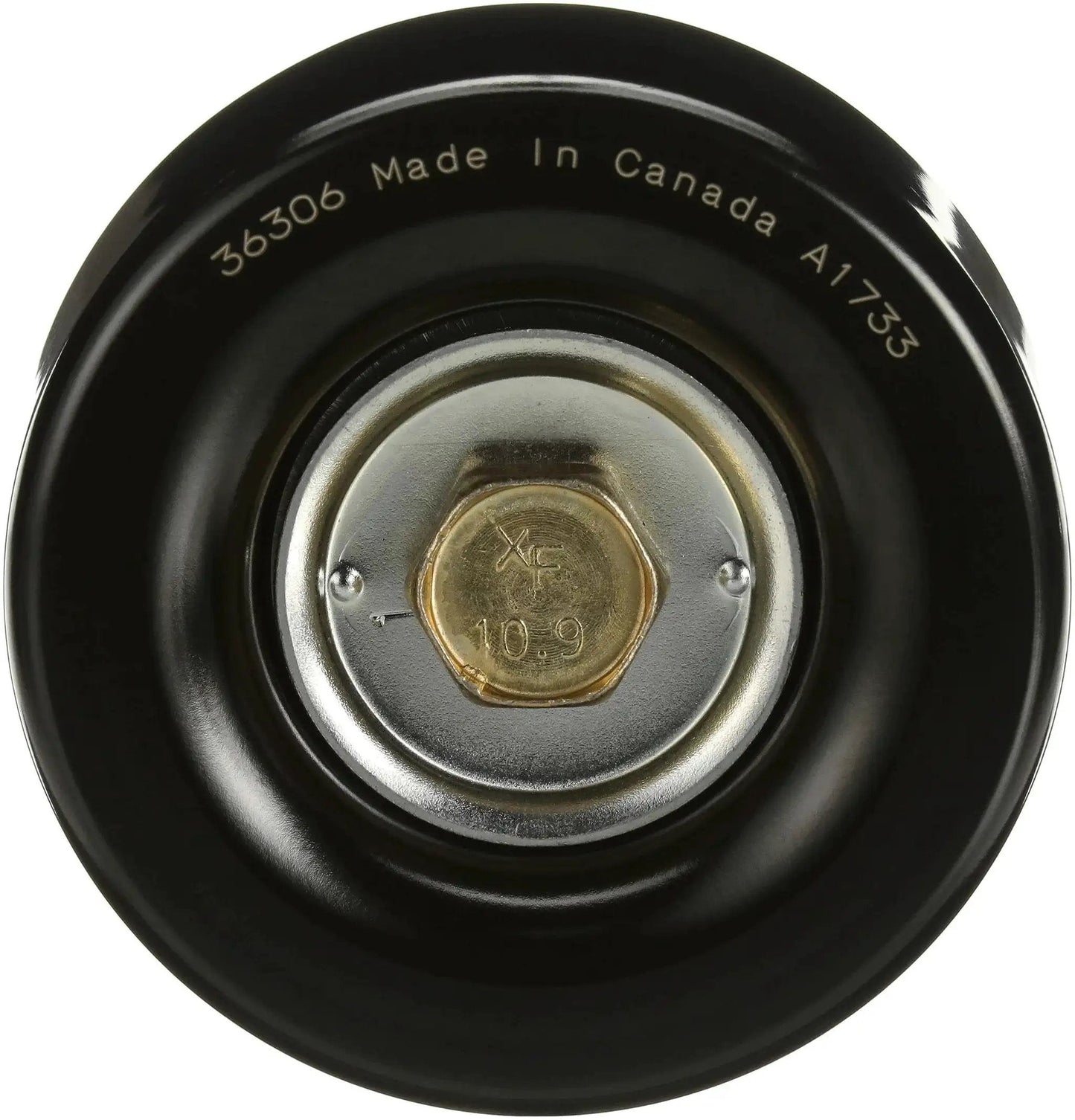 Front view of DriveAlign Belt Drive Idler Tensioner Pulley 36306 For Cars And Trucks By Gates, steel construction, Canada made.